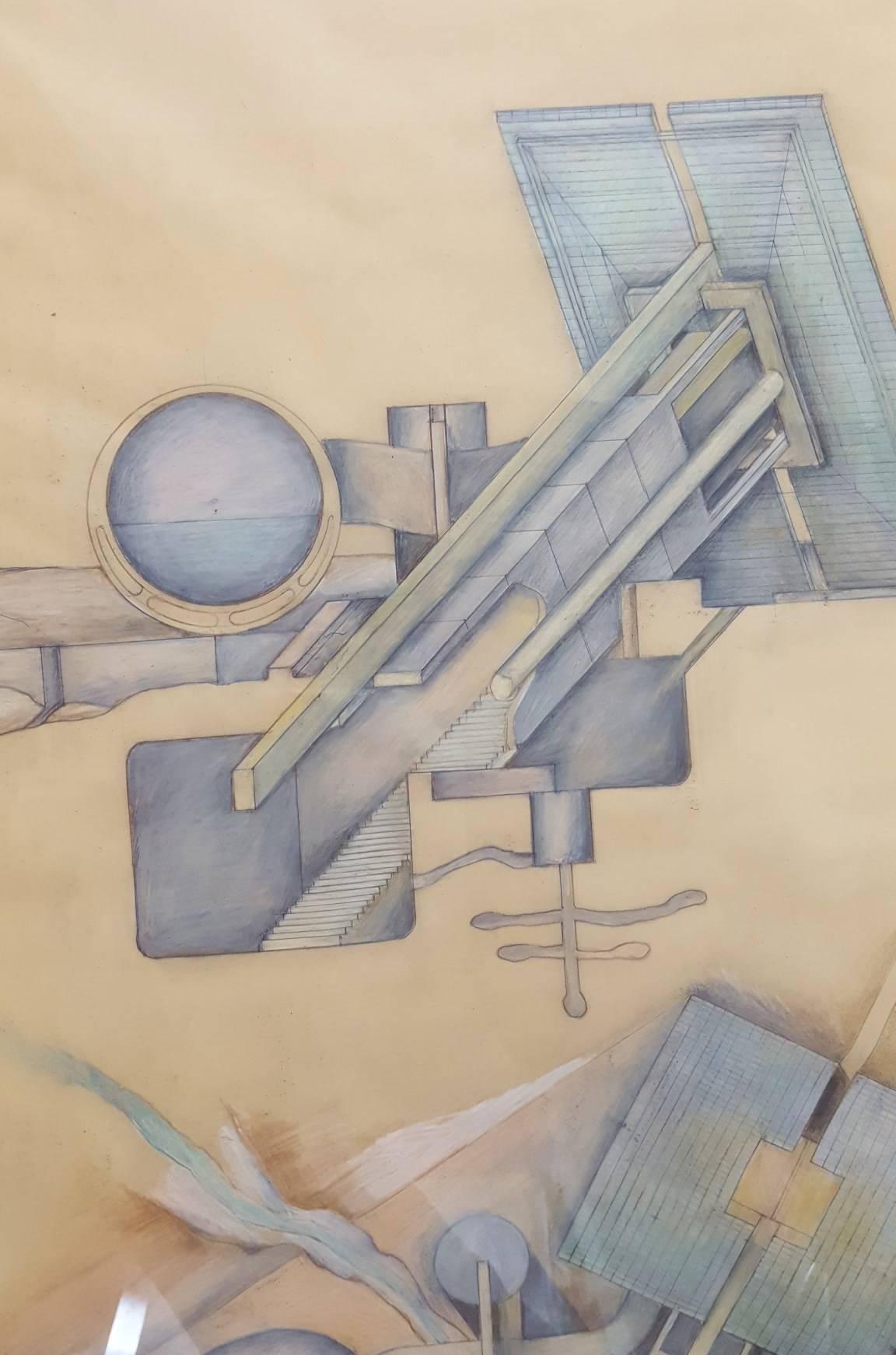 An original signed mixed media - drawing, watercolor with colored pencils on paper by Austrian artist and architect Raimund Abraham (1933-2010) titled 