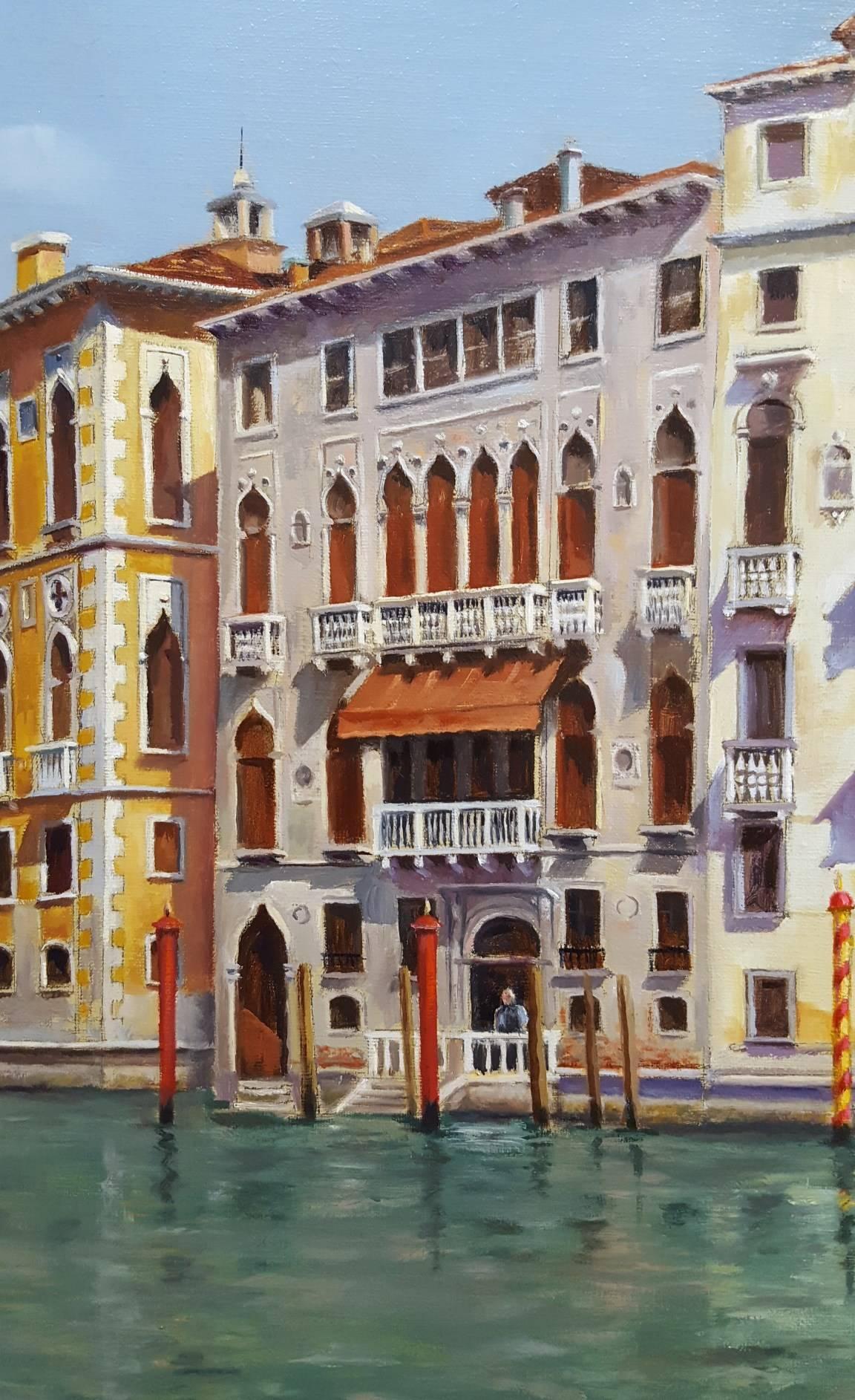 An original signed oil on linen canvas by English artist Christopher Stone (1933-) titled "Ponte dell'Accademia - Venice", 2015. Hand signed and dated by Stone lower left. Canvas size: 24" x 36". Beautifully framed with moulding