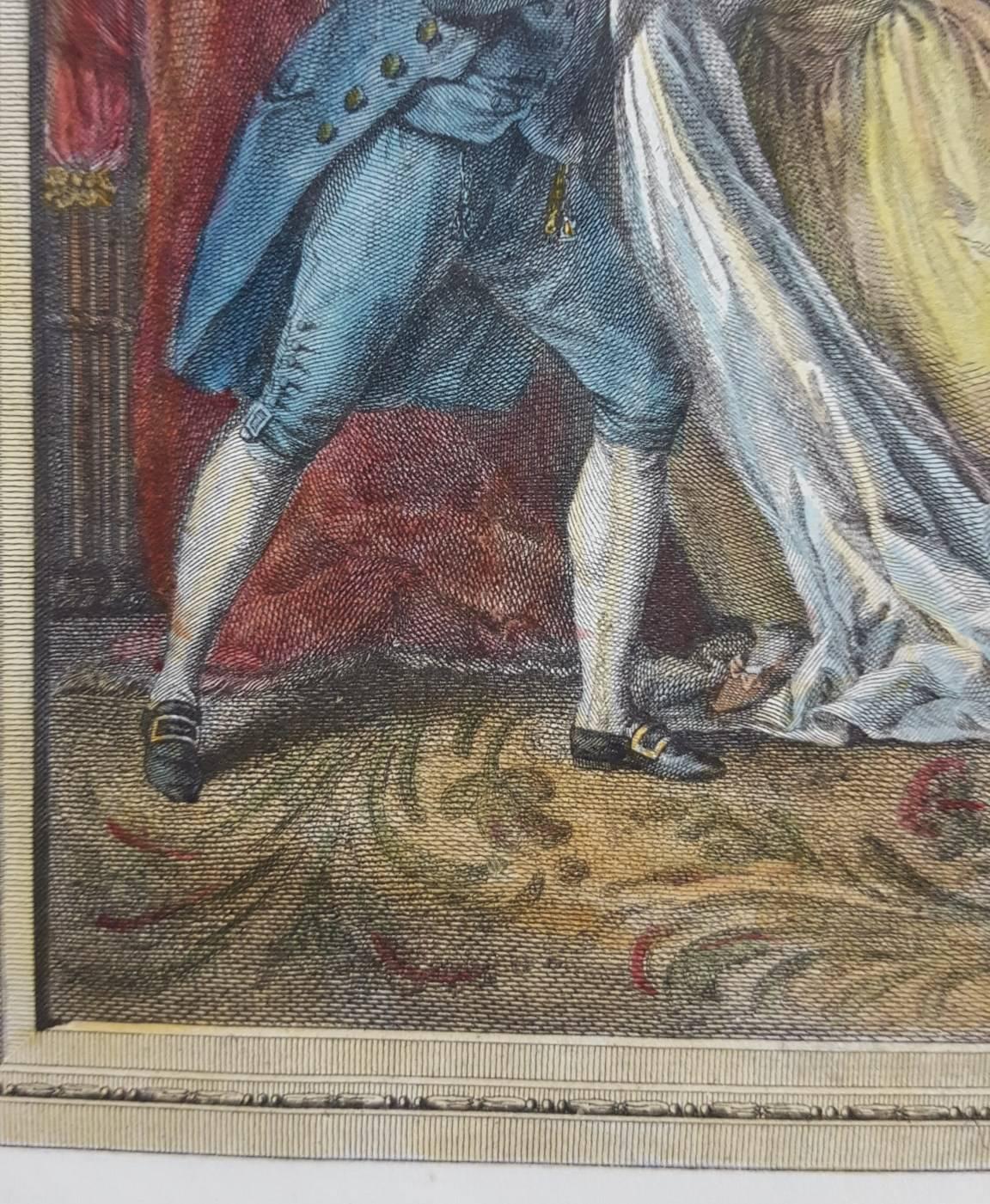 An original hand colored copper plate engraving on laid paper after French artist Antoine Borel (1743-1810) titled 