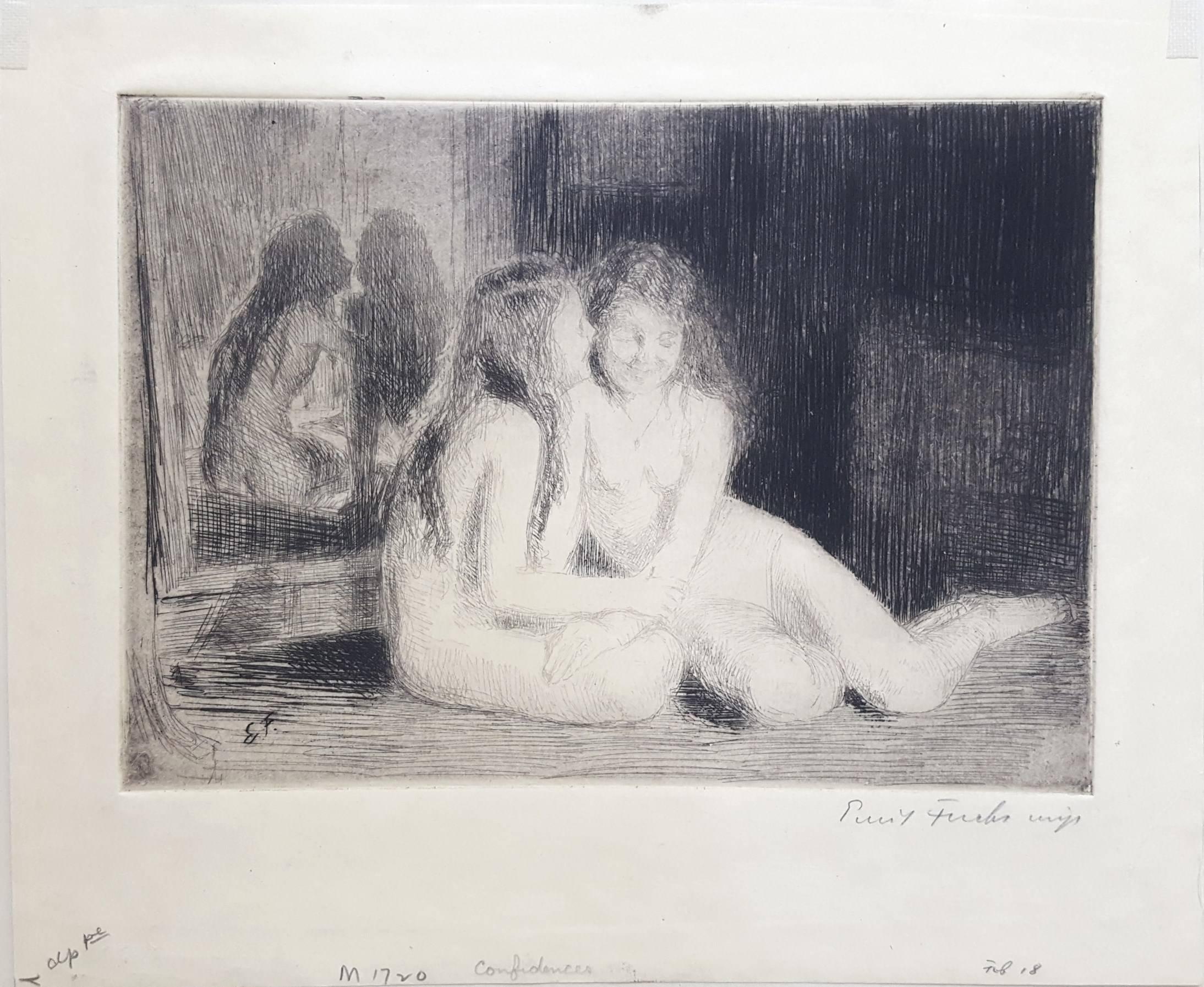 Confidences /// Antike moderne Radierung Figurative Nackte Mädchen Impressionistischer Druck – Print von Emil Fuchs
