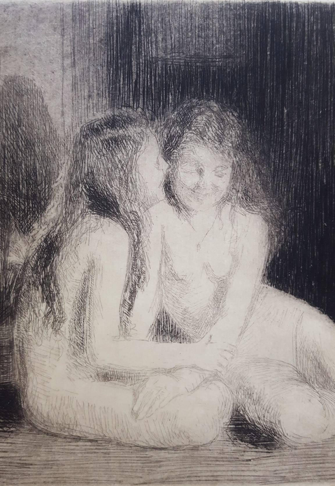 Confidences /// Antike moderne Radierung Figurative Nackte Mädchen Impressionistischer Druck (Grau), Nude Print, von Emil Fuchs