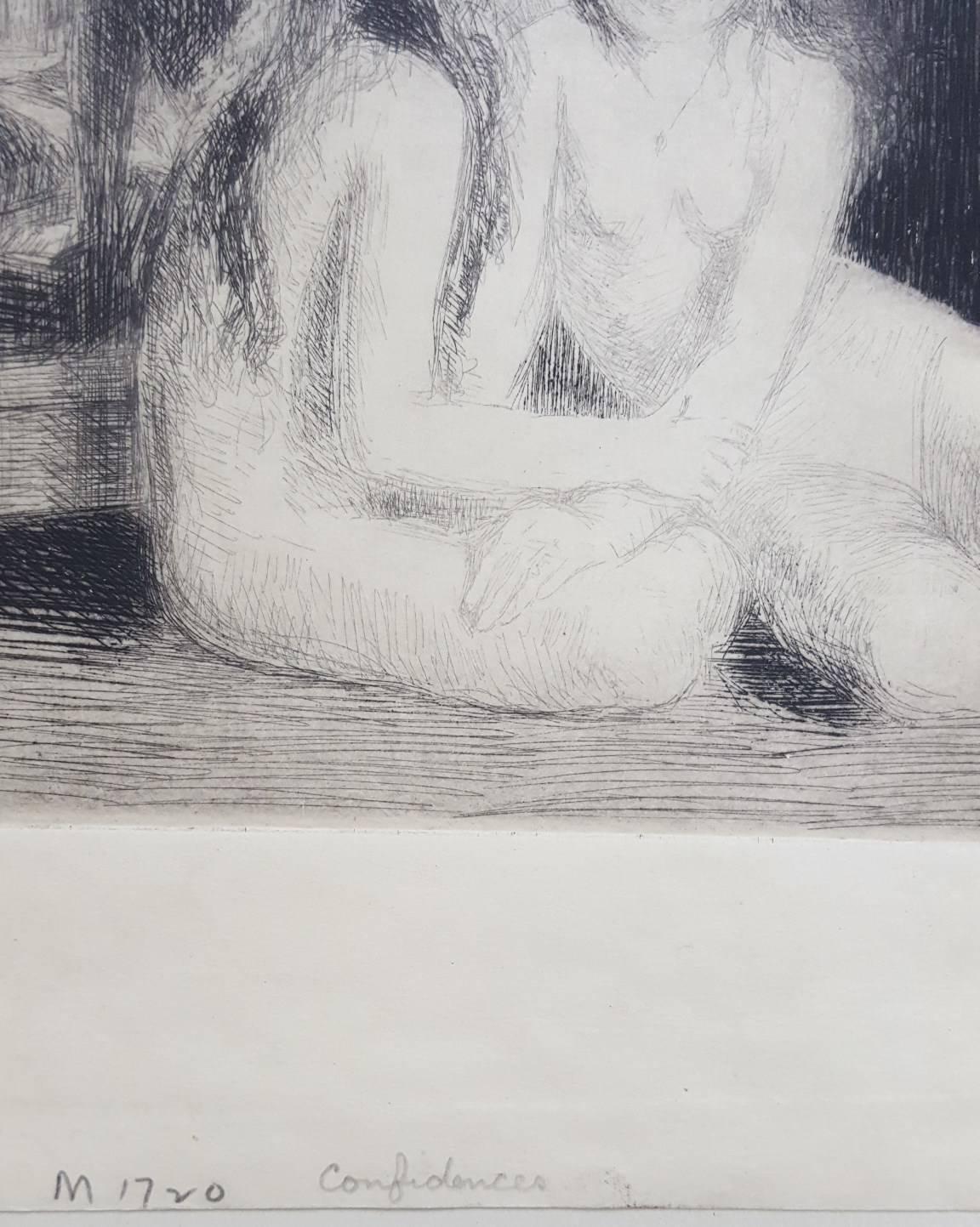 Confidences /// Antique Modern Etching Figurative Nude Girls Impressionist Print For Sale 1