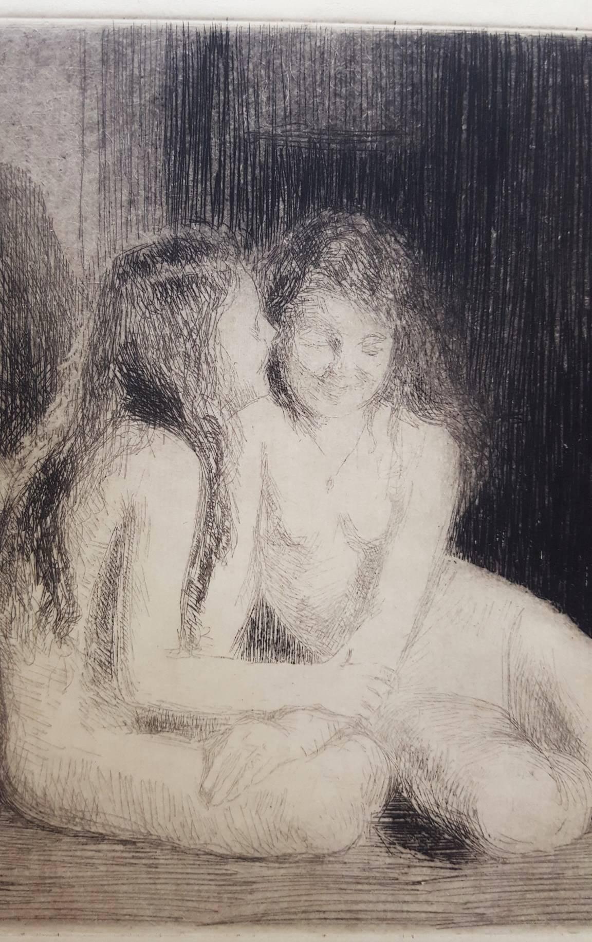 Confidences /// Antique Modern Etching Figurative Nude Girls Impressionist Print For Sale 2