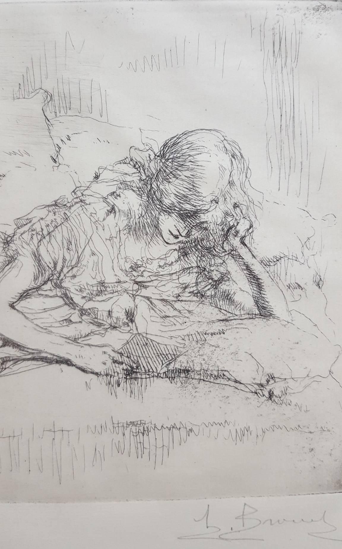 Reading - Gray Figurative Print by Auguste Brouet