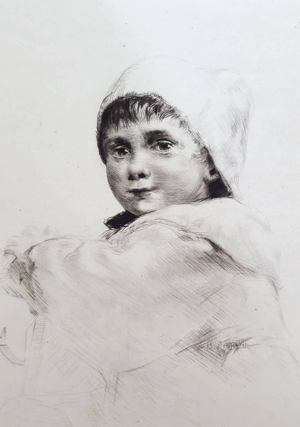 Molly /// Antique Victorian Etching Portrait Figurative British Children Child  - Impressionist Print by Sidney Tushingham