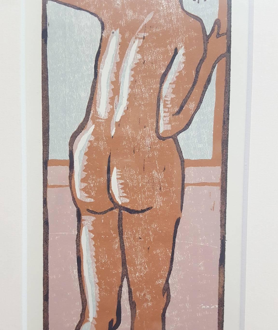 An original woodcut engraving by American artist Vincent Torre (1930-) titled "Nude Looking Out A Window", 1978. Limited edition: 67/100. This work comes from the "Forty Four Woodcuts of the Nude" executed in 1978. Limited