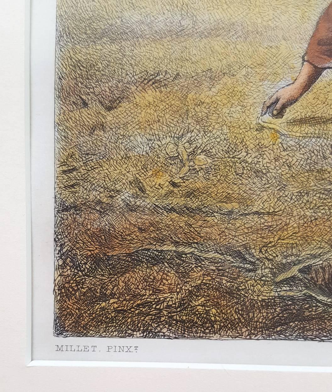 A vintage hand colored steel plate engraving after French artist Jean Francois Millet (1814-1875) titled 