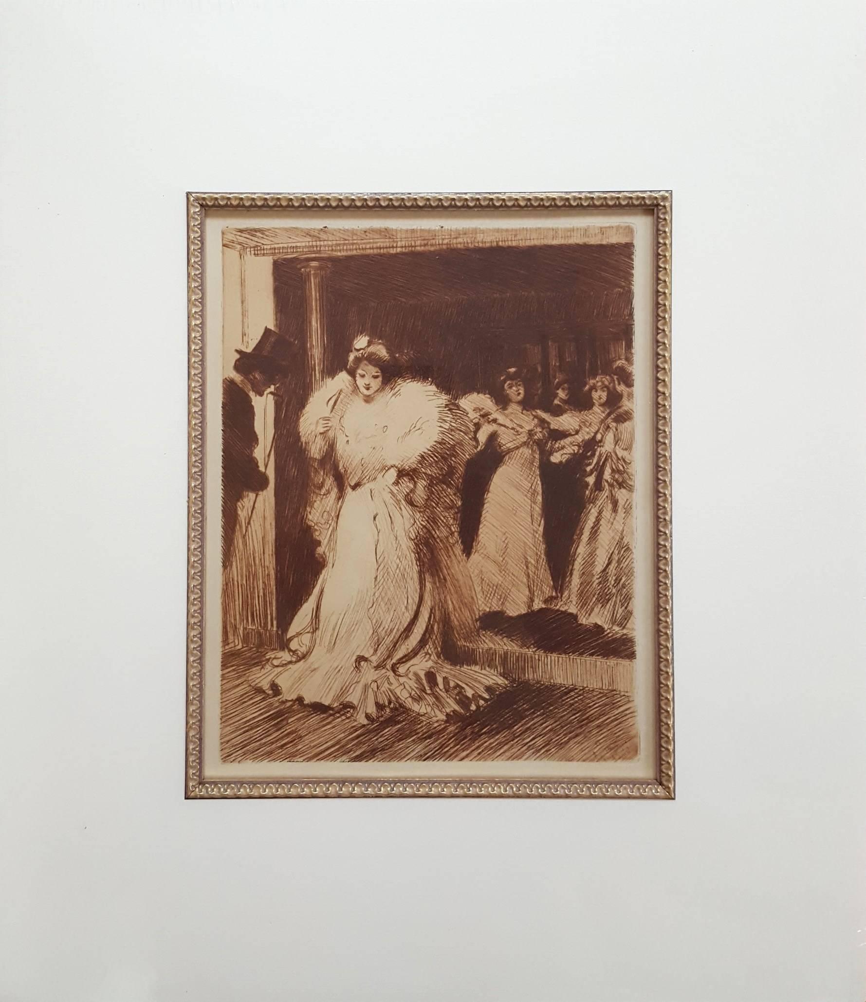 L'Avant-Foyer de l'Opera /// French Impressionist Etching Figurative Lady Man - Print by Tony Minartz