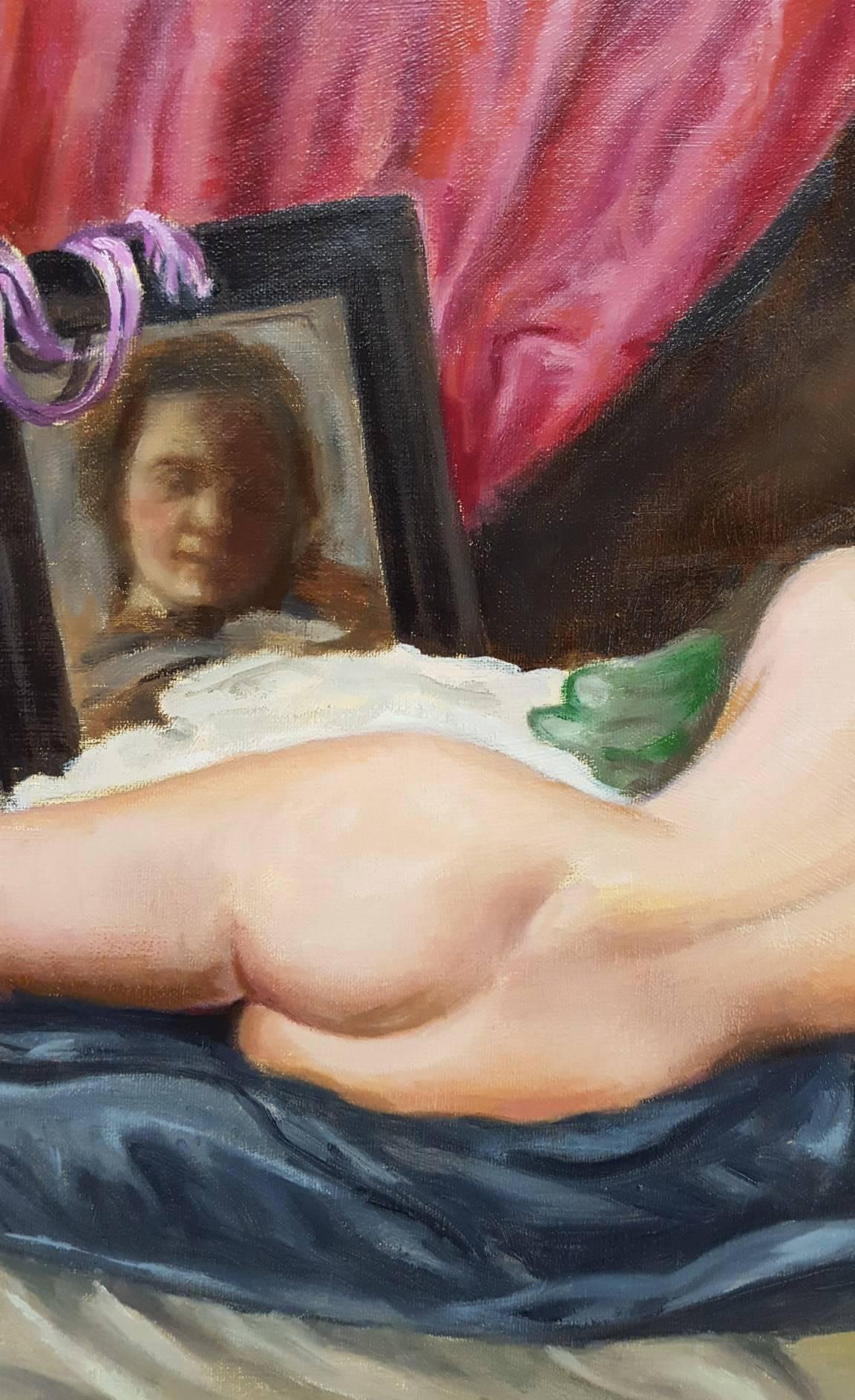 An original oil on linen canvas by English artist Christopher Stone (1933-) titled "The Toilet of Venus", 2016. Signed and dated lower right. Canvas size: 24" x 36". Mint condition.

The painting being admired is a reproduction