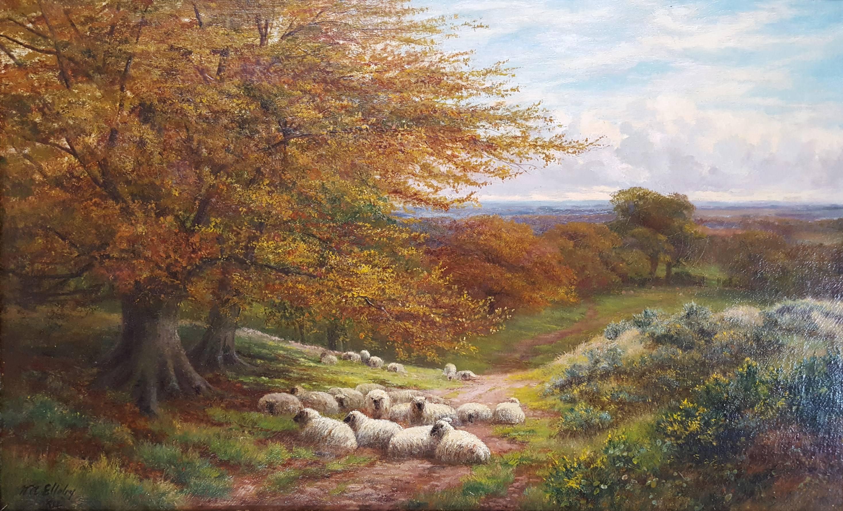 Fall Landscape with Sheep Resting - Painting by William Alfred Elleby