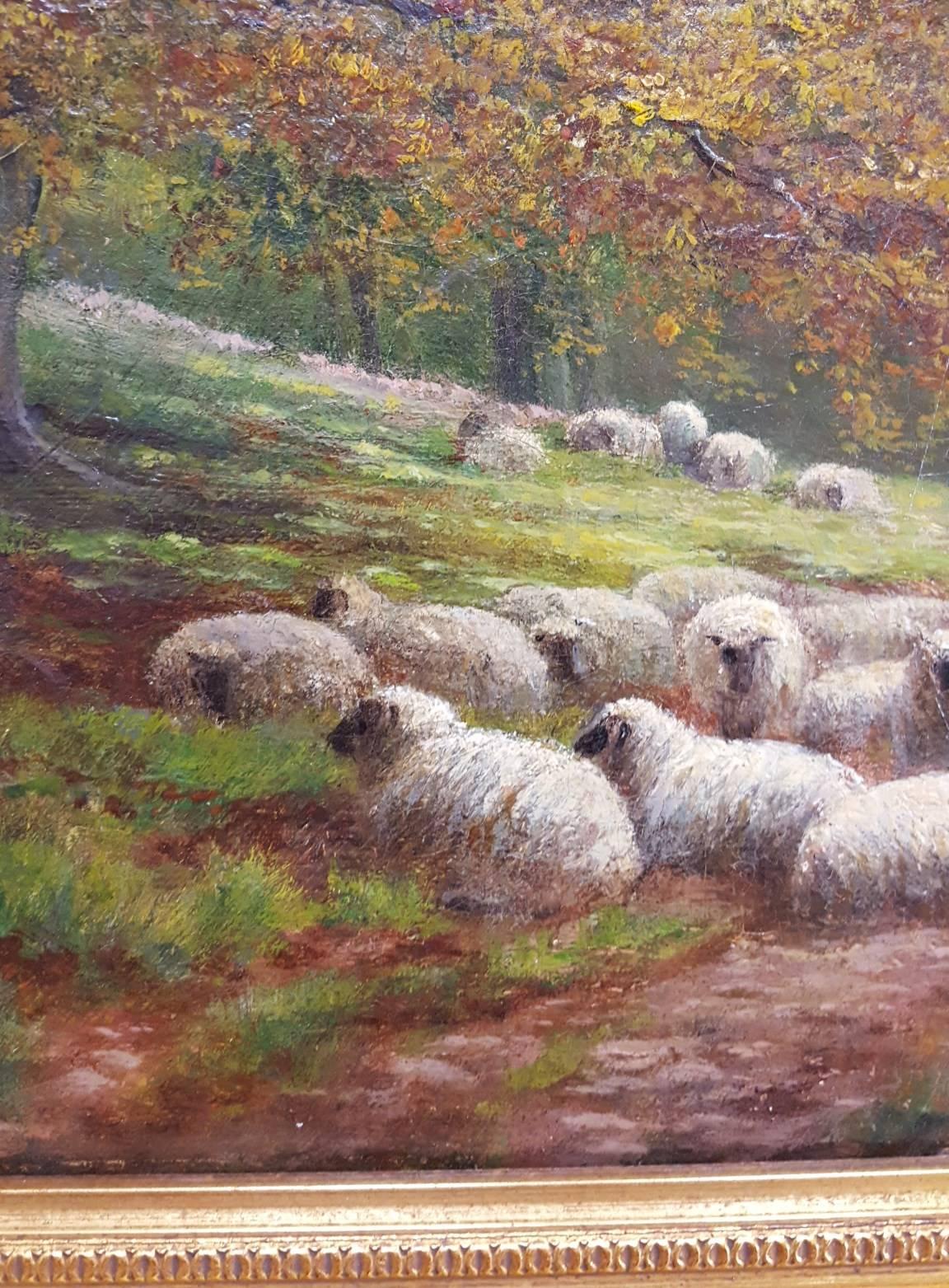 Fall Landscape with Sheep Resting - Brown Landscape Painting by William Alfred Elleby