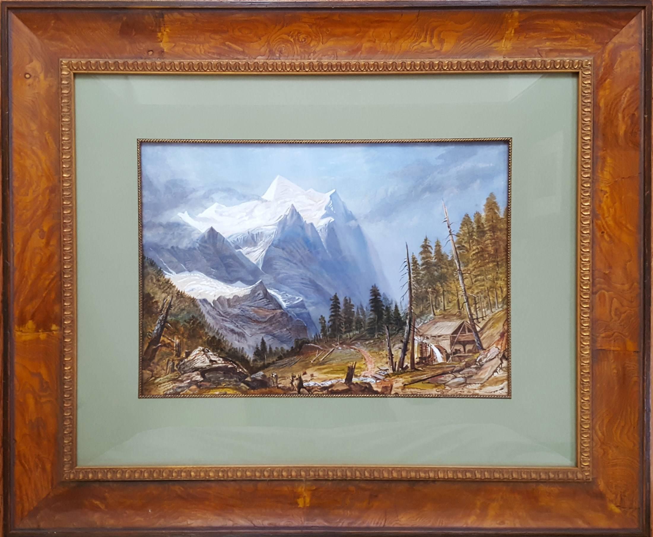 Old Mill in Alpine Landscape - Painting by Unknown