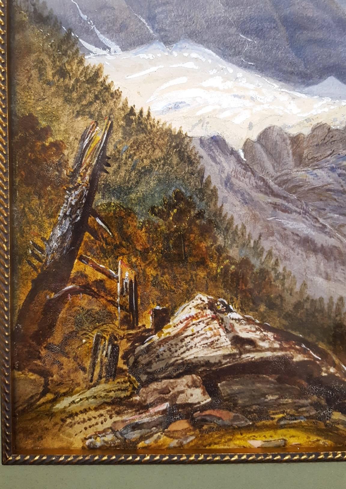Old Mill in Alpine Landscape - Victorian Painting by Unknown