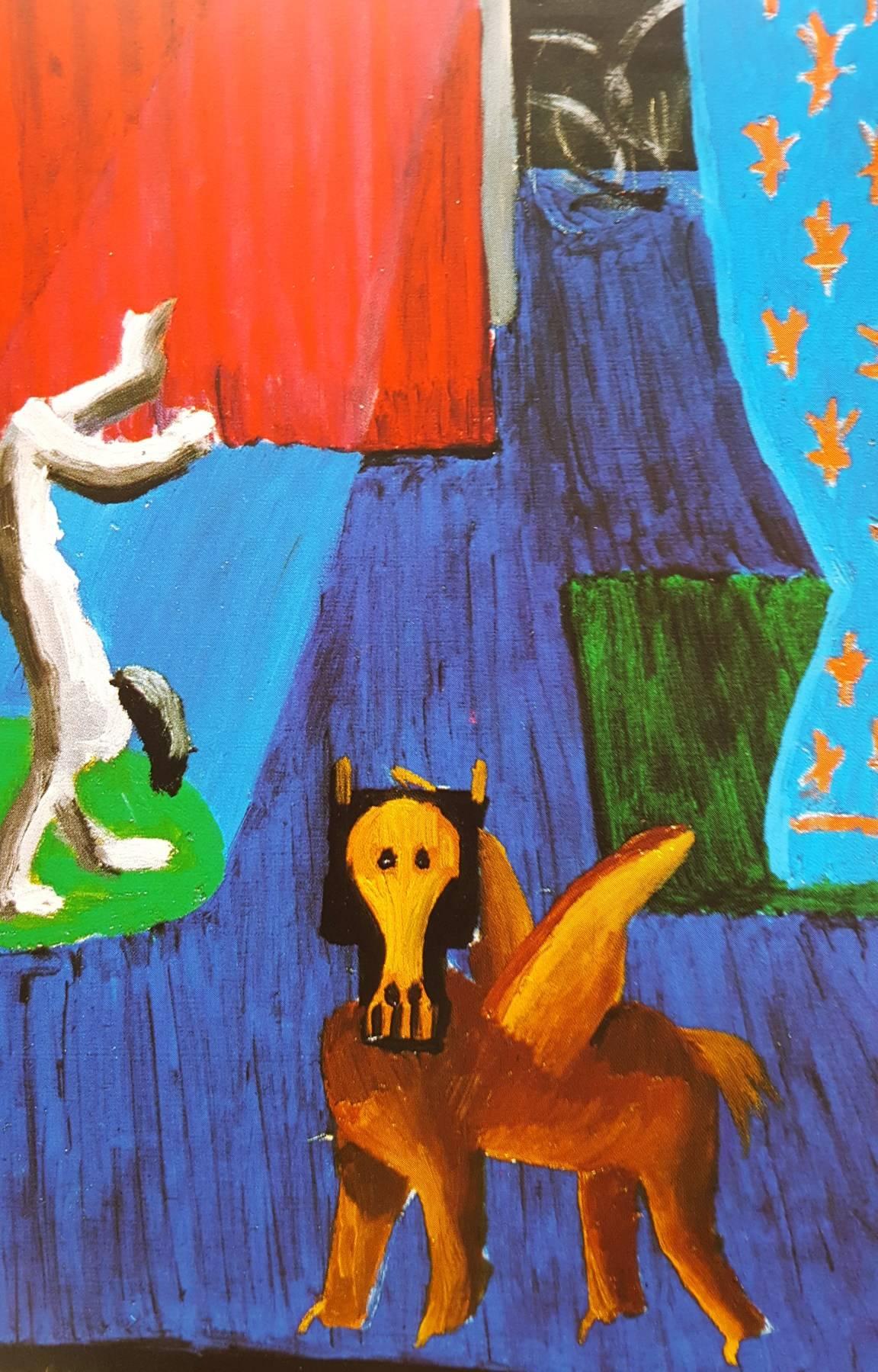 An original offset-lithograph exhibition poster by English artist David Hockney (1937-) titled "Set for Parade", 1980. Created by Hockney for a show held at Andre Emmerich Gallery in New York City in association with the Metropolitan Opera