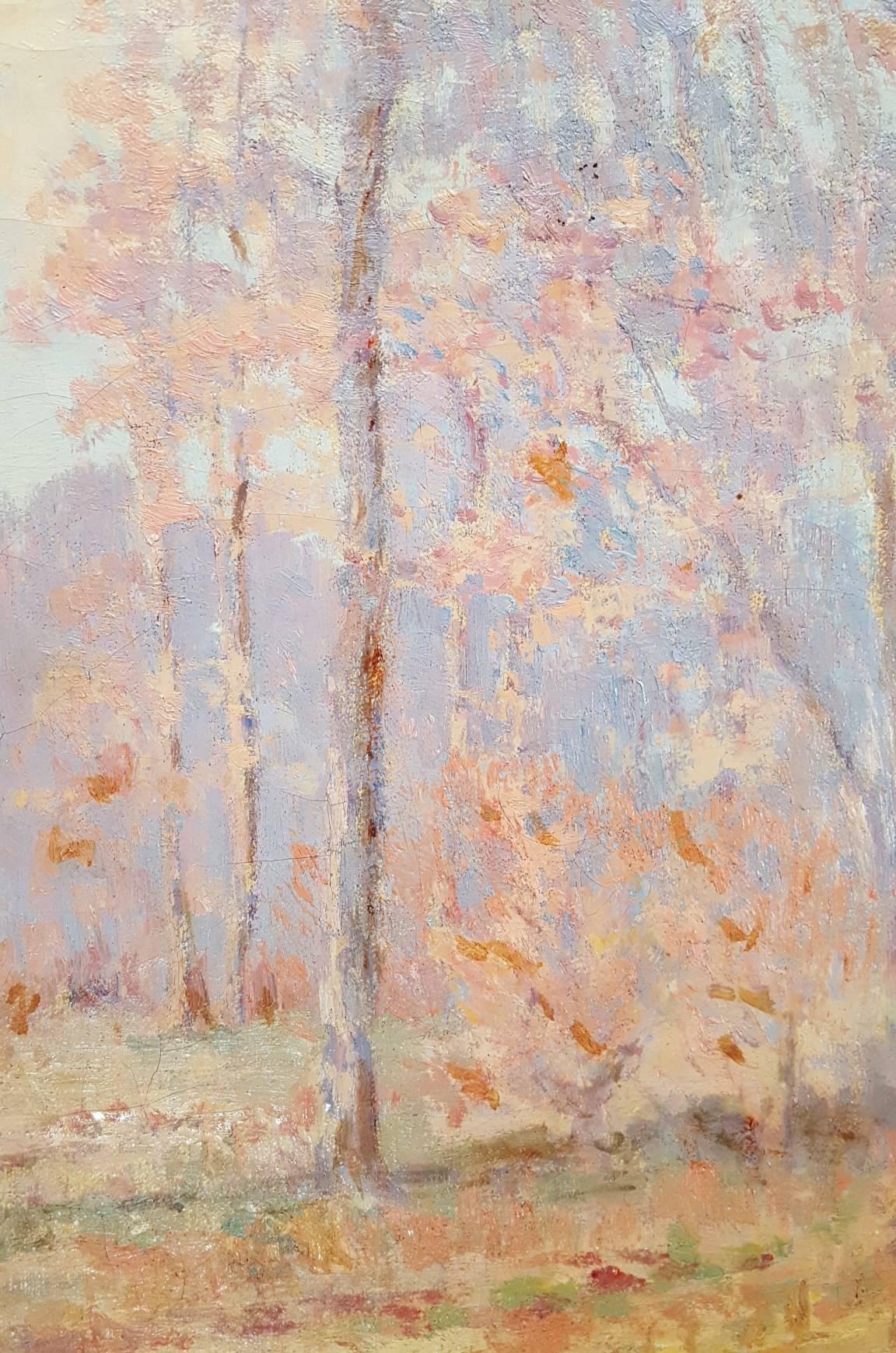 An original signed oil on canvas by Swedish-American artist Alfred Jansson (1863-1931) titled "Impressionist Autumn Landscape", 1921. Signed and dated by Jansson lower right. Framed in its original period frame. Framed size: 26" x