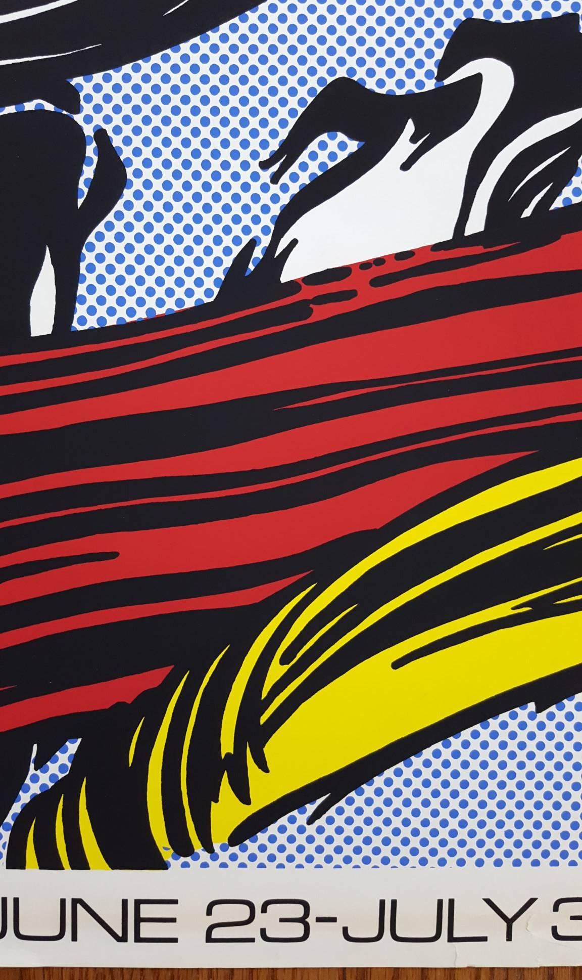 An original screenprint exhibition poster by American artist Roy Lichtenstein (1923-1997) titled "Brushstrokes at Pasadena Art Museum", 1967. Limited edition: 1,000. Poster for the exhibition organized by John Coplans in the Pasadena Art