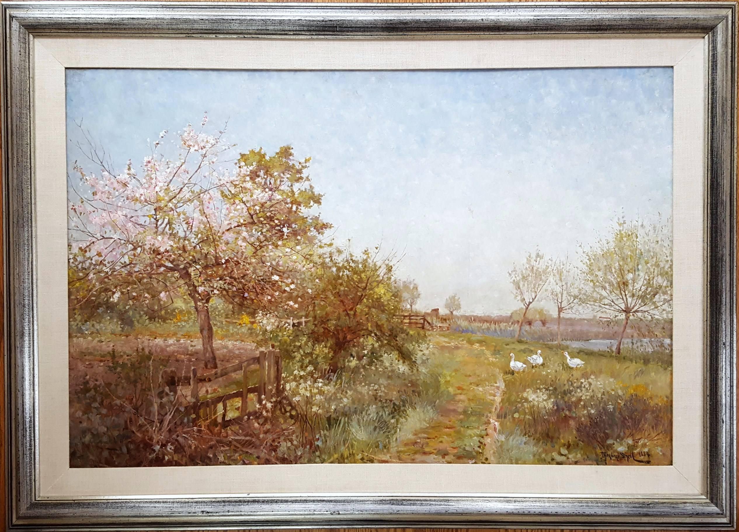Cherry Blossoms and Geese Landscape - Painting by James Hurbert Snell