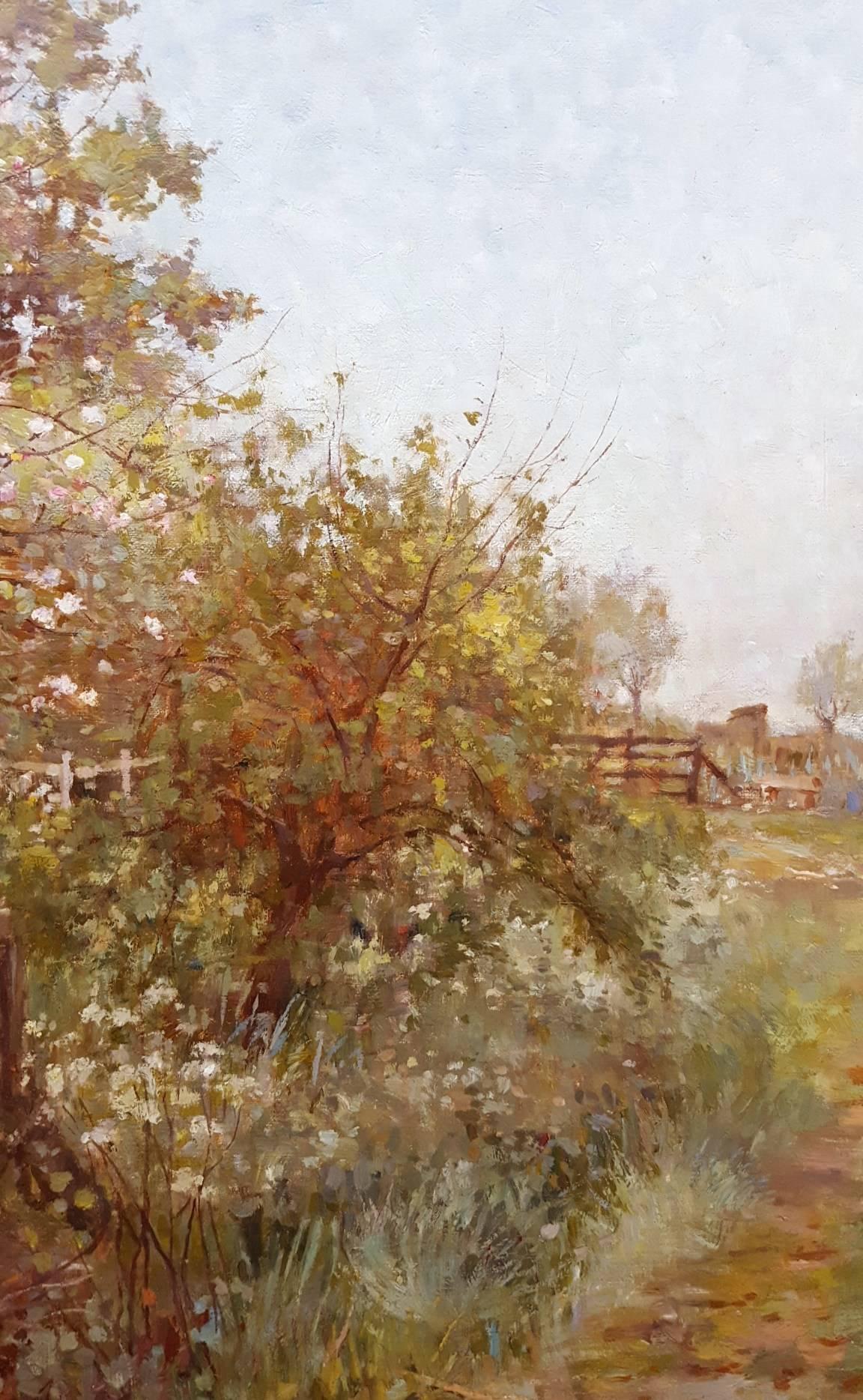 Cherry Blossoms and Geese Landscape - Gray Landscape Painting by James Hurbert Snell