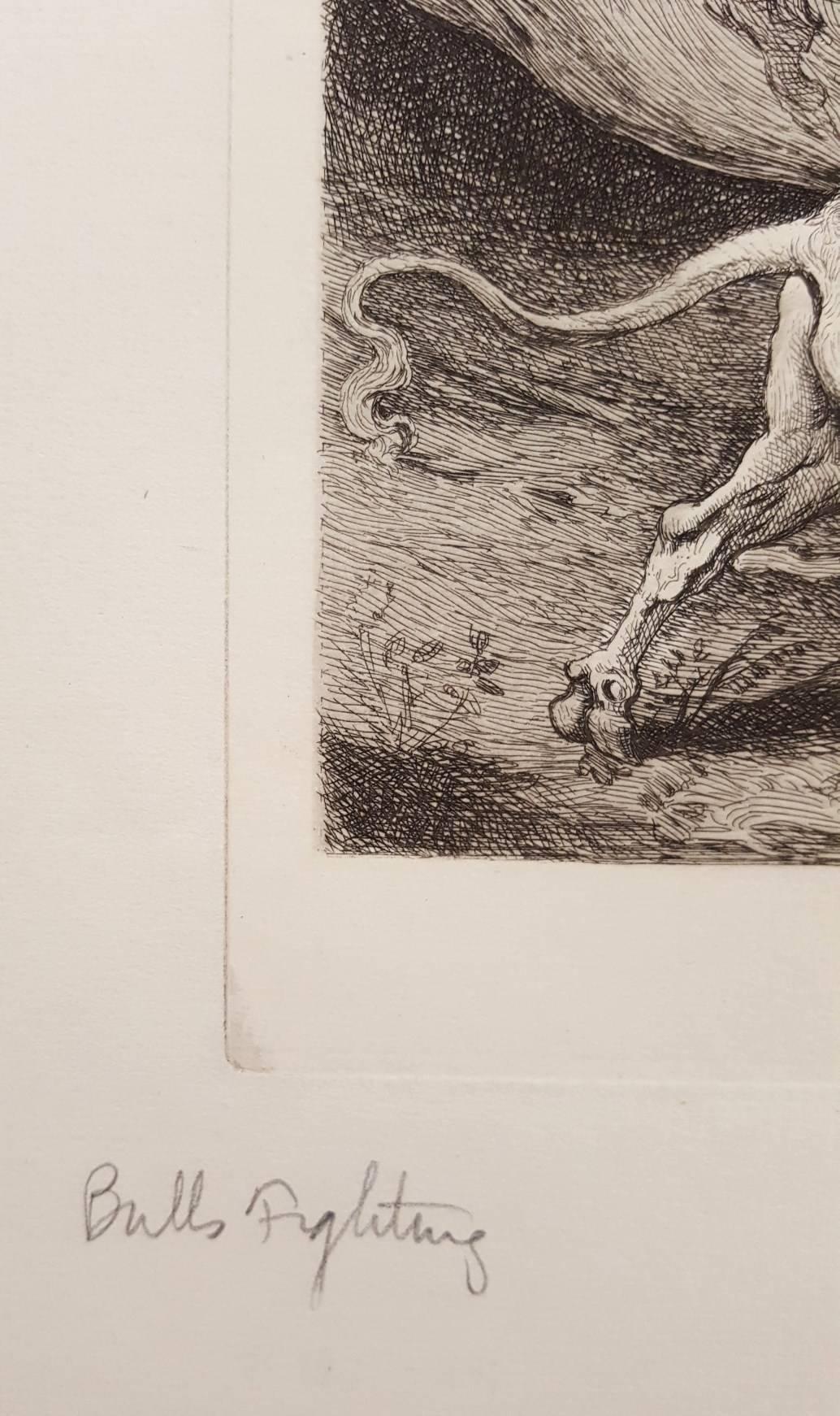 Les taureaux se battant /// ancien paysage victorien animalier gravure de paysage cheval - Victorien Print par James Ward