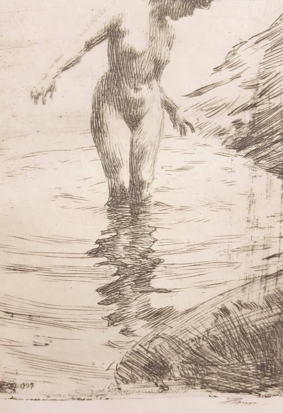 An original etching on ivory laid paper by Swedish artist Anders Zorn (1860-1920) titled "Cercles D'eau II", executed by Zorn in his studio in 1907. From the unsigned edition. Signed in the plate lower right. Dated in the plate lower left.
