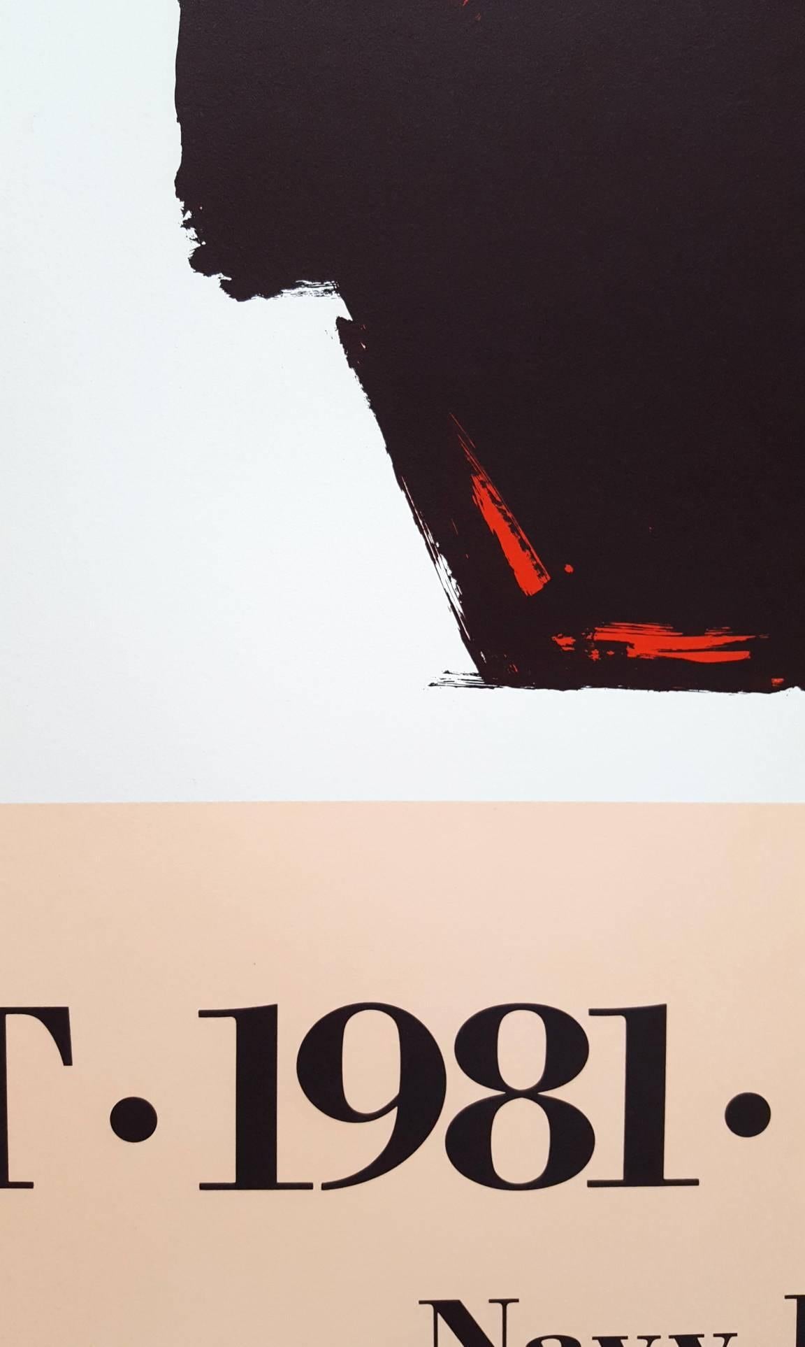 A signed, vintage lithograph exhibition poster on heavy cream Strathmore paper after American artist Robert Motherwell (1915-1992) titled "Art 1981 Chicago", 1981. Hand crayon signed by Motherwell upper right. Tyler Graphics LTD. ©