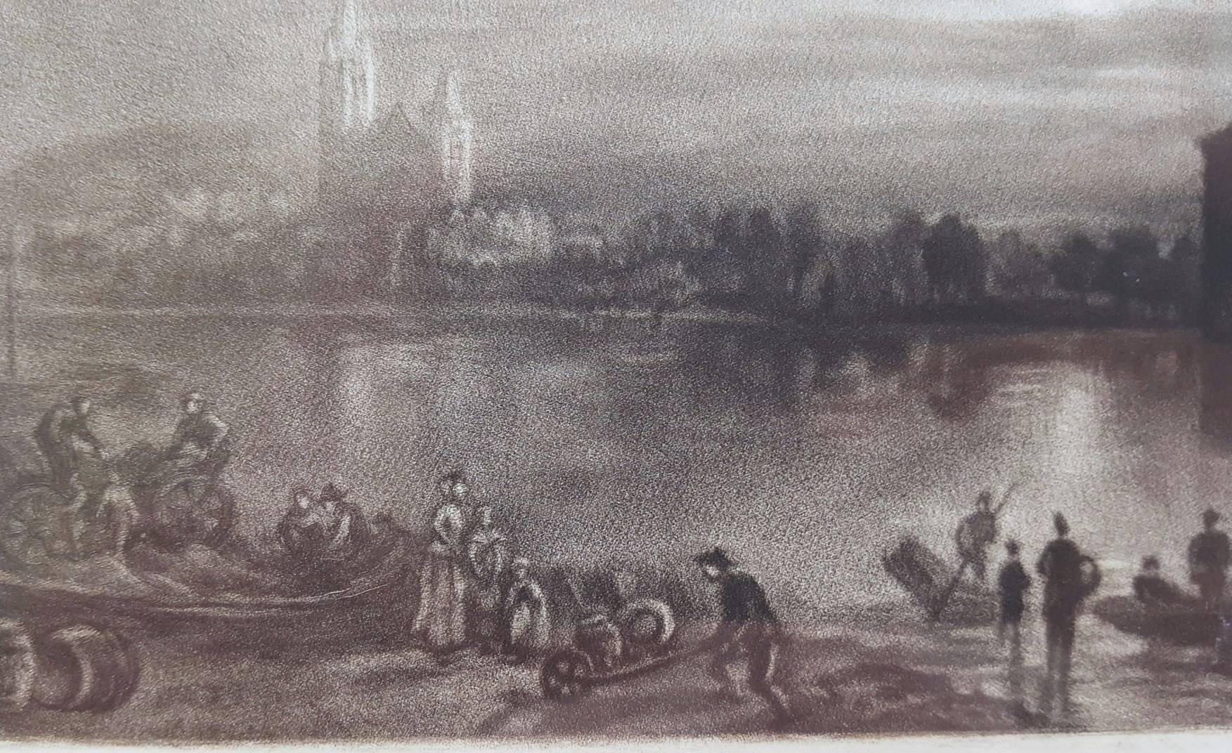 An original copper plate stipple engraving on wove paper by an unknown presumably British artist titled "Evening Lake", c. 1830. Subject very much alike English Romanticist landscape painter Joseph Mallord William Turner, R.A.. Frame