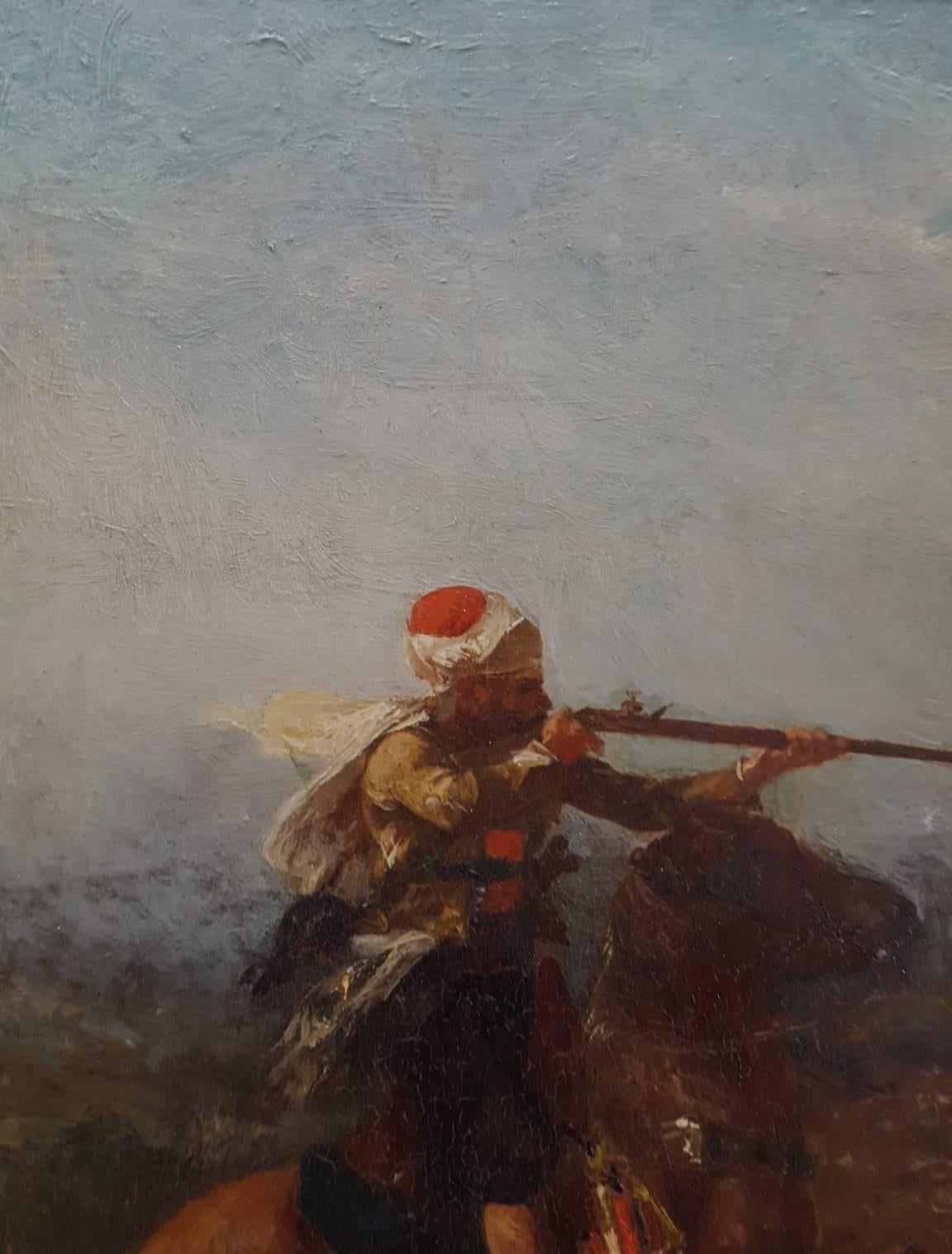 An original signed oil on board by French artist Georges Washington (1827-1901) titled "Cavaliers Algériens au Combat", c. 1879. Hand signed by Washington lower left "G. Washington". A very desirable painting by the famous