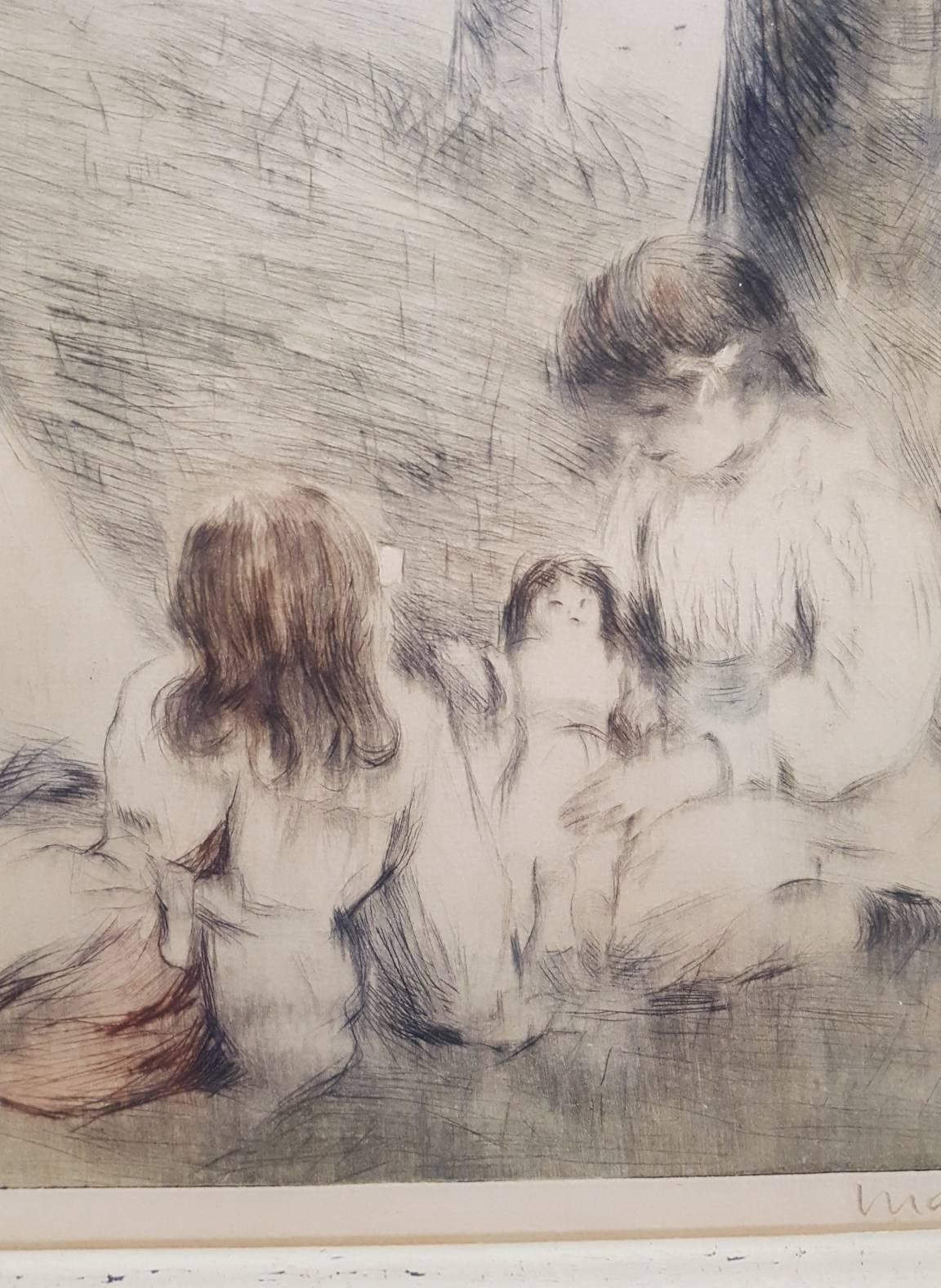 An original signed drypoint etching with aquatint by French artist Manuel Robbe (1872-1936) titled "Les Mamans", 1904. Signed by Robbe lower right and pencil numbered "No. 13" lower left. Limited edition: 65. Reference: Merrill