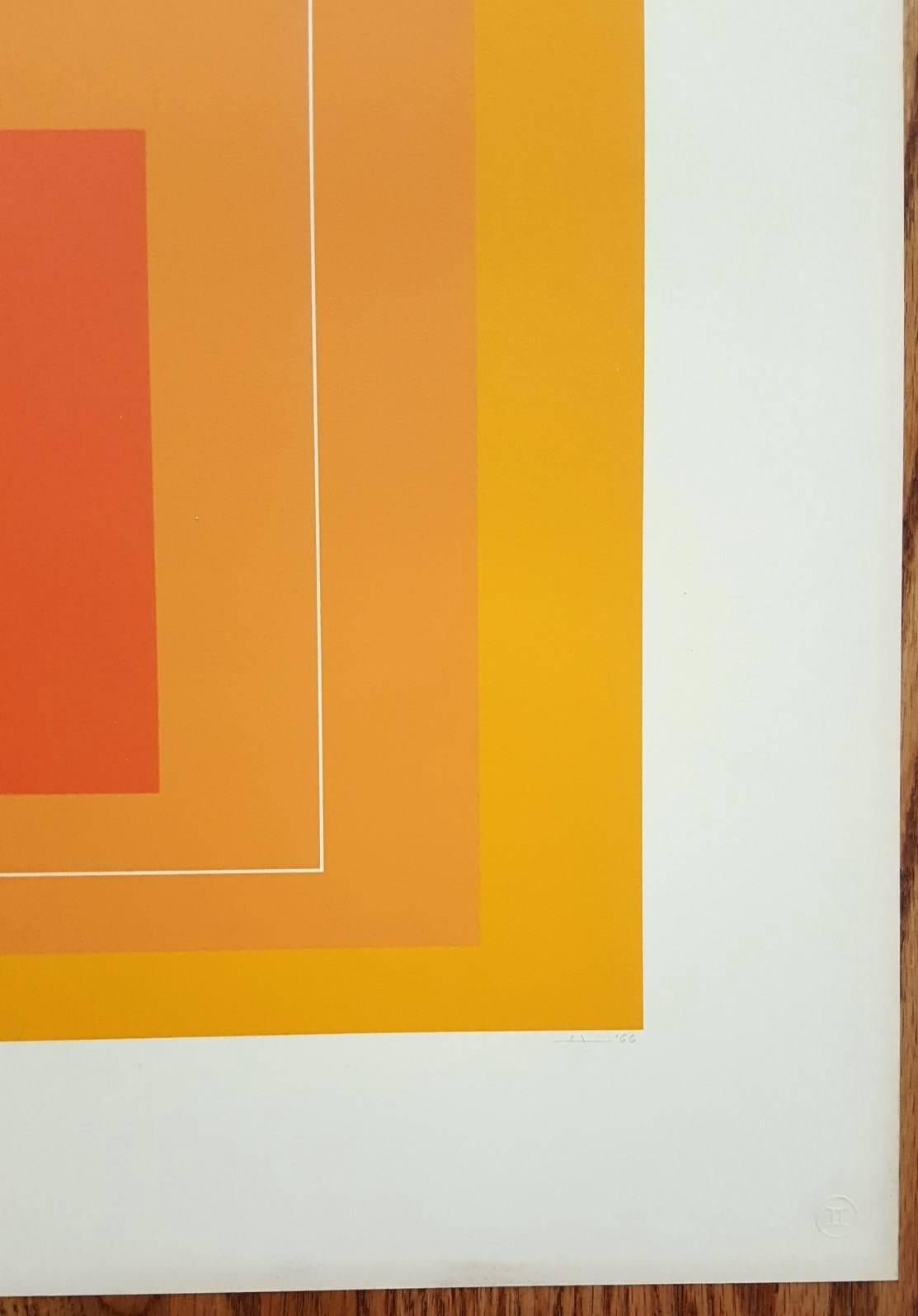 An original signed three color lithograph by German-American artist Josef Albers (1888-1976) titled "WLS VI (White Line Squares Series I)", 1966. Portfolio/Series: "White Line Squares (Series I)", 6 of 8 in the Portfolio. Printed