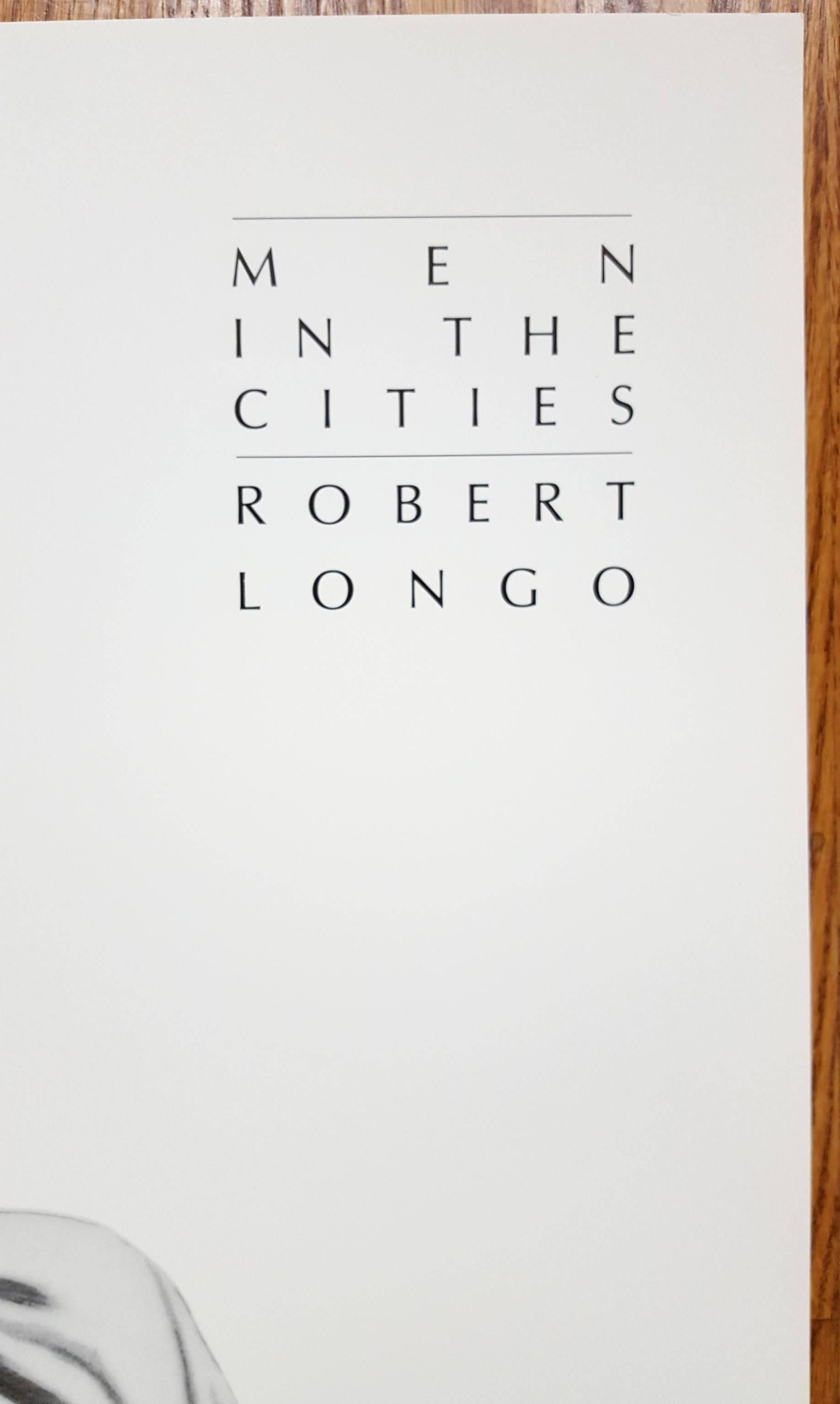 A signed vintage offset-lithograph exhibition poster on heavy paper stock by American artist Robert Longo (1953-) titled "Men in the Cities: Eric", 1991. Hand marker signed by Longo lower right. Edition size unknown, presumed small.