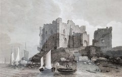 East View of Peel Castle /// Whitaker English Landscape Engraving Boat Fisherman