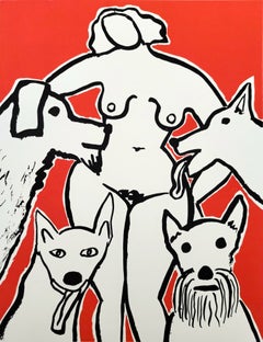 Nudo con cani (rosso) /// Serigrafia figurativa in stile pop art contemporanea di Dan May