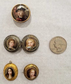 Conjunto de botones, broches, colgantes y alfileres de oro de 18 quilates con 5 pinturas en miniatura esmaltadas