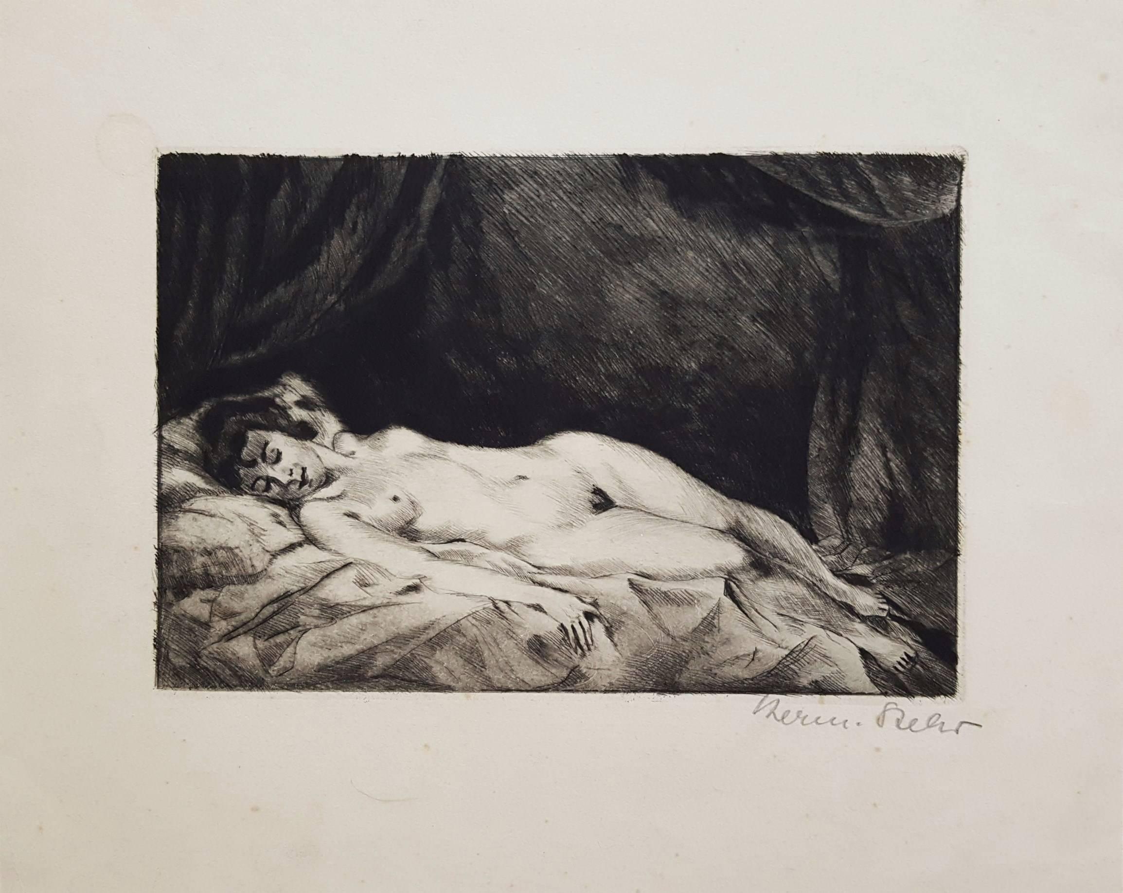Reclining Nude - Black Nude Print by Unknown