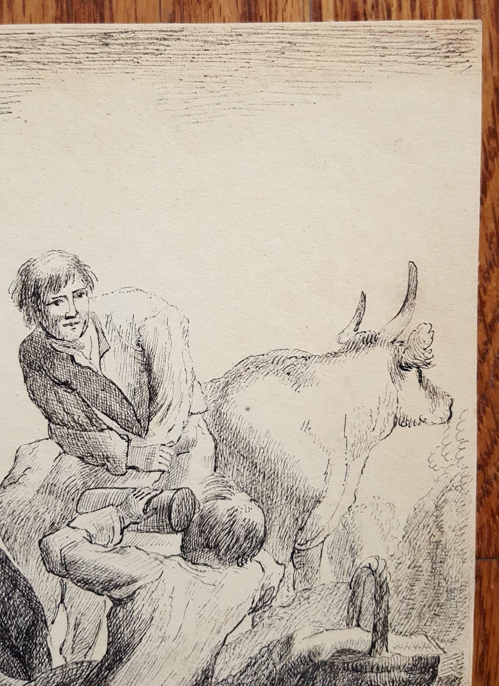 Herdsmen Resting /// Tierkunst Landschaft Bauernhof Kühe Stier Ziege Arbeit auf Papier Tinte im Angebot 3