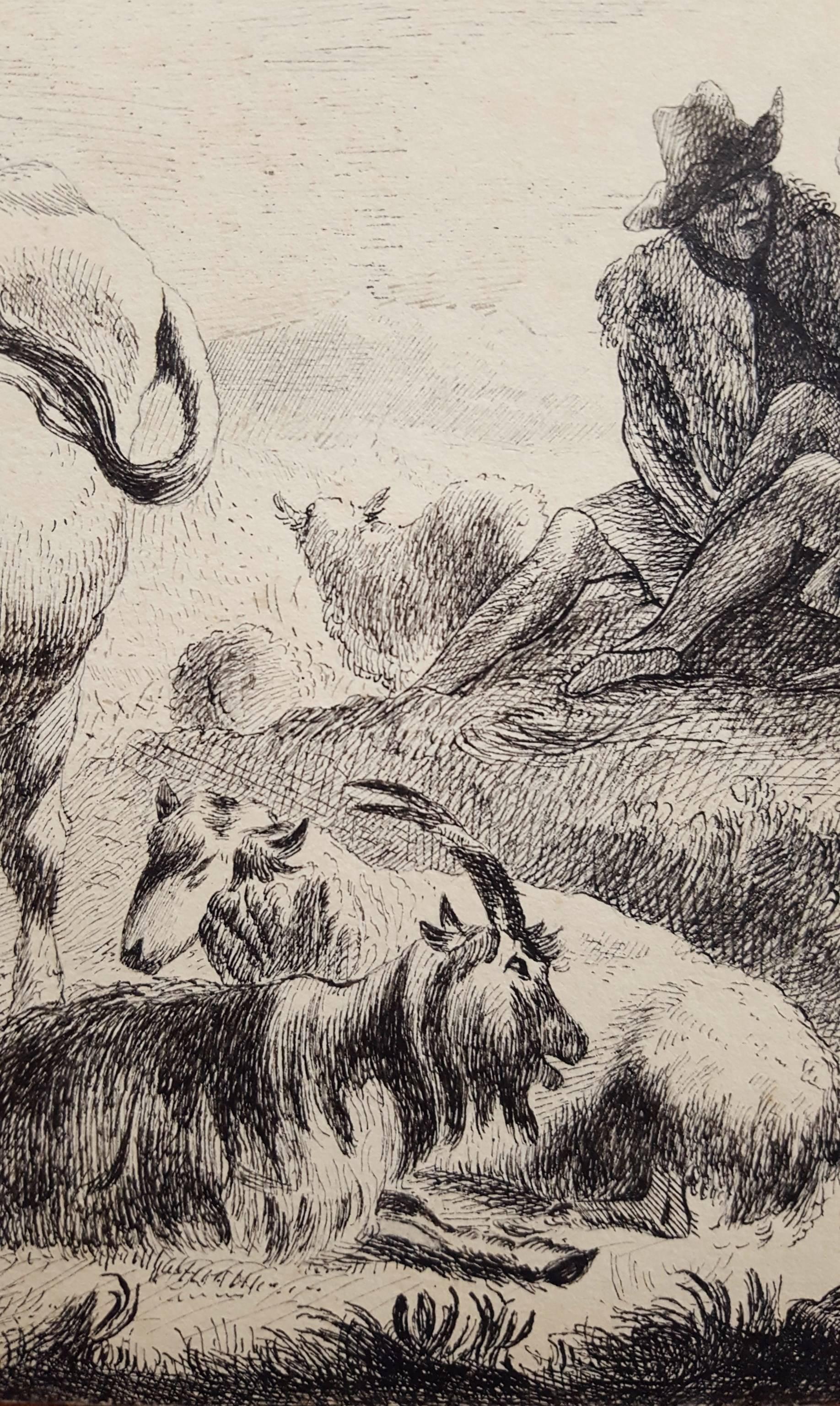 Herdsmen Resting /// Animal Art Landscape Farm Cows Bull Goat Work on Paper Ink For Sale 6