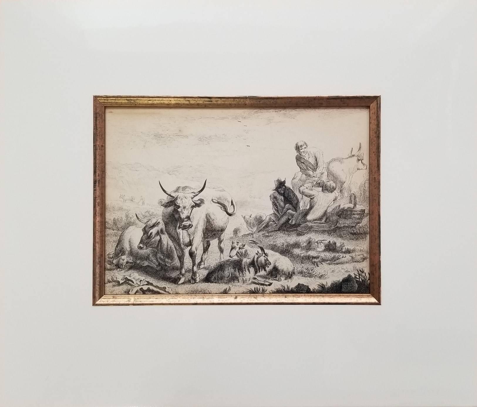 Herdsmen Resting /// Tierkunst Landschaft Bauernhof Kühe Stier Ziege Arbeit auf Papier Tinte – Art von (After) Nicolaes Berchem