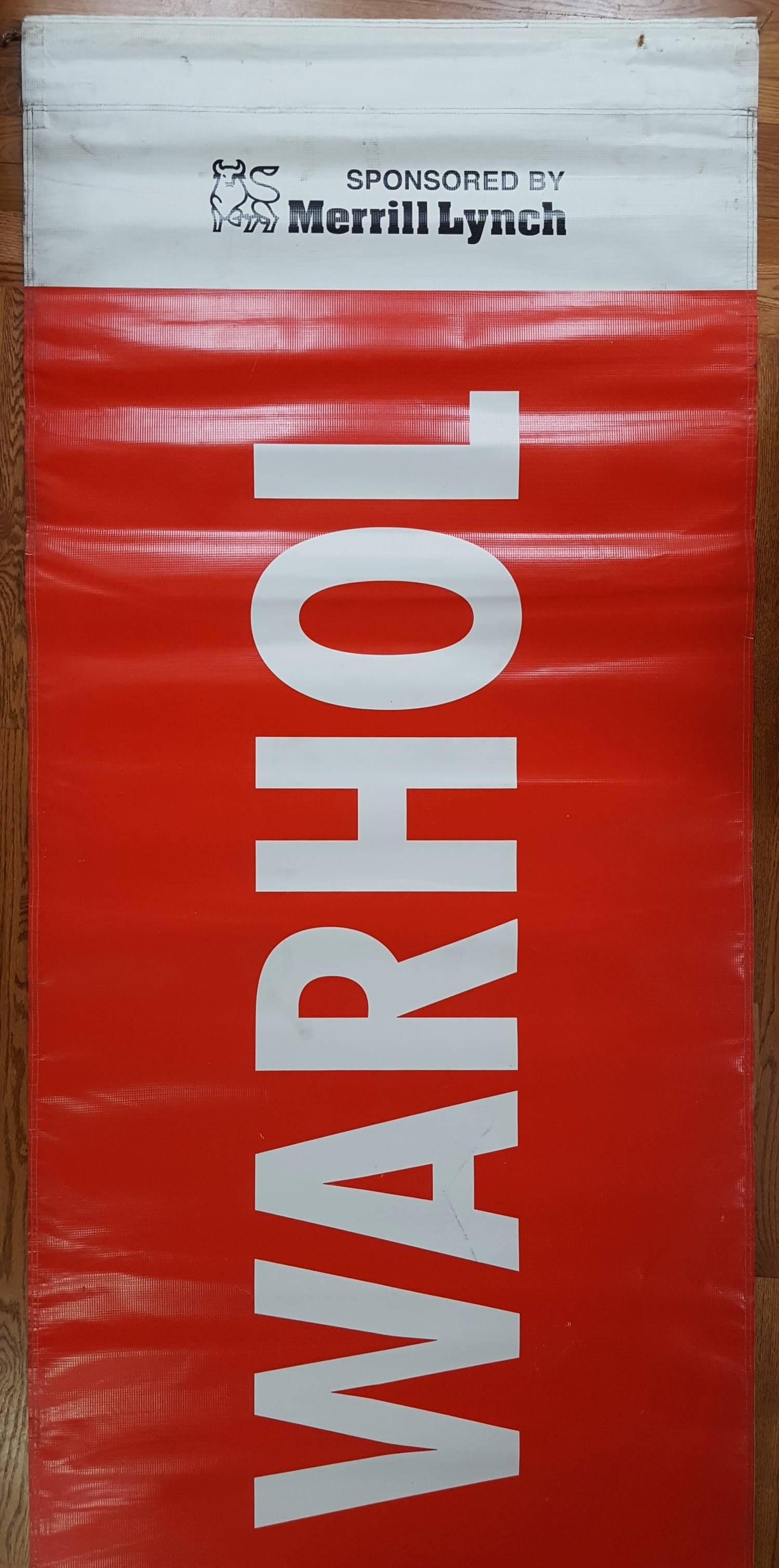 A huge double sided vinyl museum exhibition poster titled "Andy Warhol Retrospective at MOCA", 2002. The poster was produced for the special exhibit of Warhol's work at the Museum of Contemporary Art in Los Angeles, California. An Andy