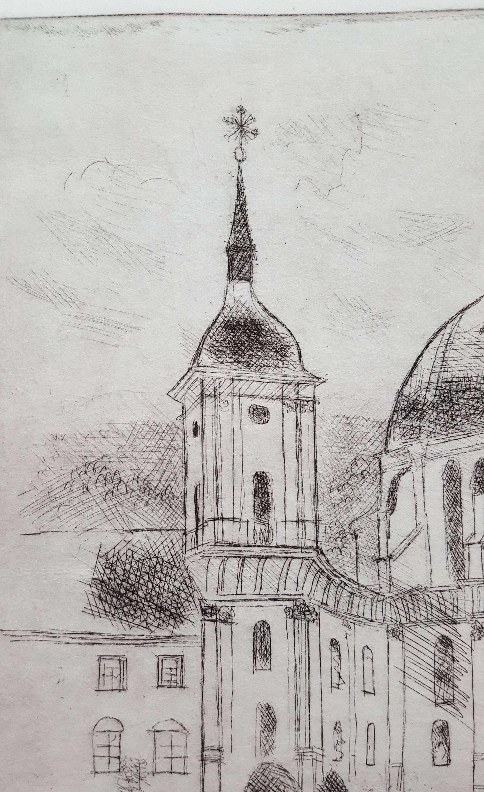 Ettal Abbey /// architecture moderne allemande gravure d'une scène d'église et de ville en vente 1