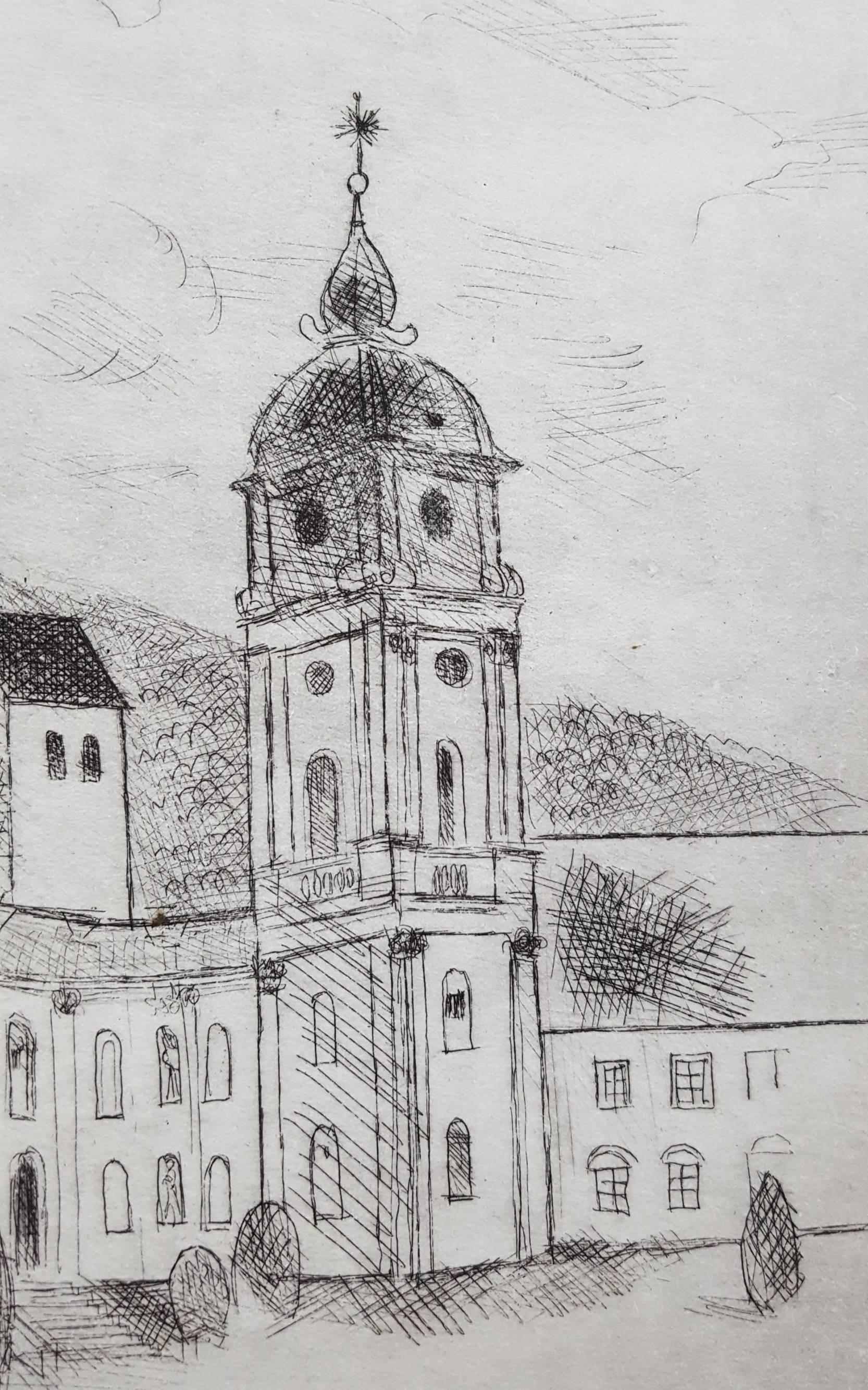 Ettal Abbey /// architecture moderne allemande gravure d'une scène d'église et de ville en vente 2