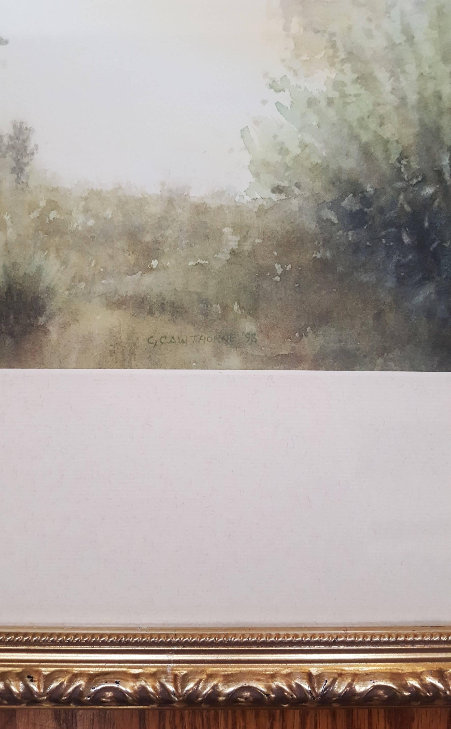 River Tyne Between Hexham and Corbridge /// Contemporary Landscape Watercolor - Gray Landscape Art by Gillie Cawthorne