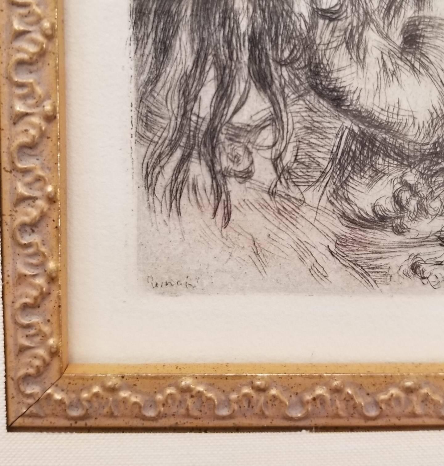 Pierre Auguste Renoir's original etching, "Le Chapeau Epingle" (The Pinned Hat) was published in 1894 by Dentu in Paris. It is a first edition impression printed upon light cream, laid paper and is signed by Renoir in the plate to the