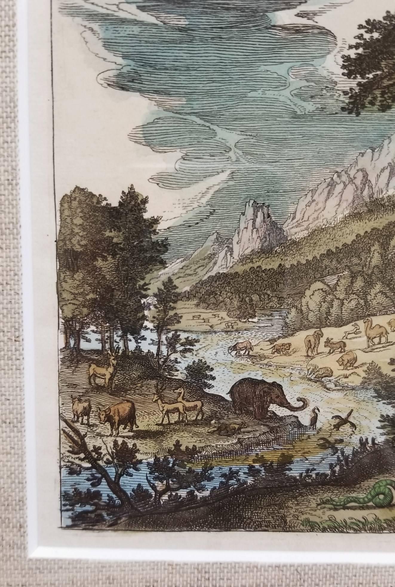 An original hand colored copper plate engraving on laid paper by an anonymous artist titled "Genes. III. (Genesis)" c. 1730. It illustrates a bible scene depicting Adam and Eve with an angel in a landscape from Genesis. Information about