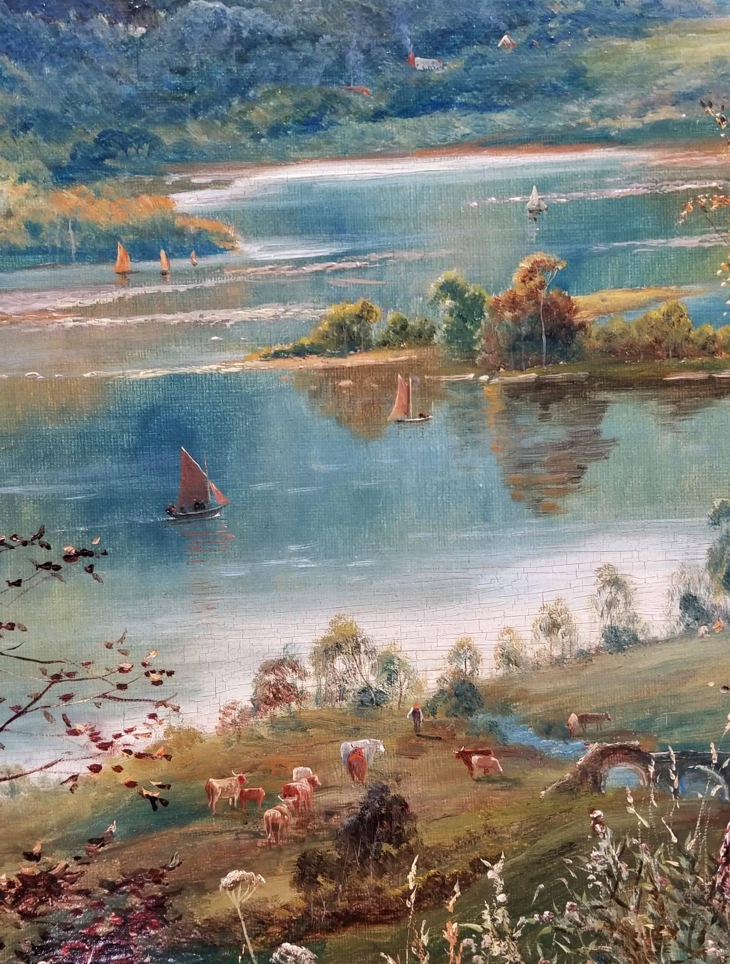 An original signed oil on canvas painting by British artist Theodore Hines (Active: 1876-1889) titled "Loch Katrine, Scotland", c. 1880. Hand signed by Hines lower left. There is a lot of exquisite detail of cows, people and ships all