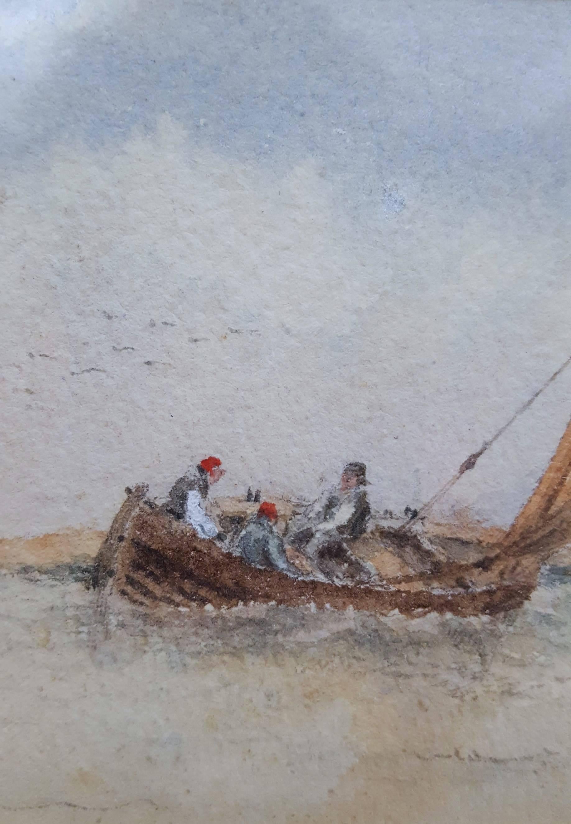 An original monogram signed watercolor attributed to English artist Thomas Charles Leeson Rowbotham (1823-1875) titled "Tuscan Fisherman", c. 1870. Hand monogram signed lower right. The monogram is recorded in a book of signatures and