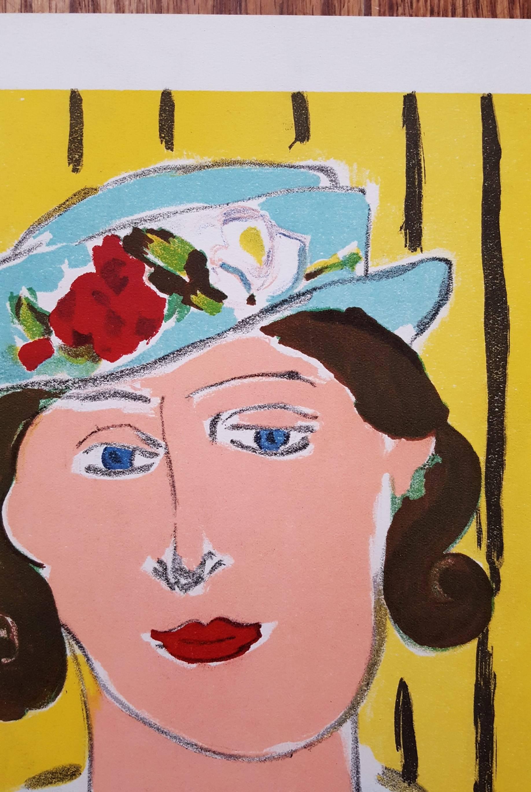 A high-quality vintage lithograph on wove after a painting by French artist Henri Matisse (1869-1954) titled "Femme au Chapeau", 1939. Comes from the famous "Verve" portfolio, Volume 1. Produced in a limited edition of an unknown