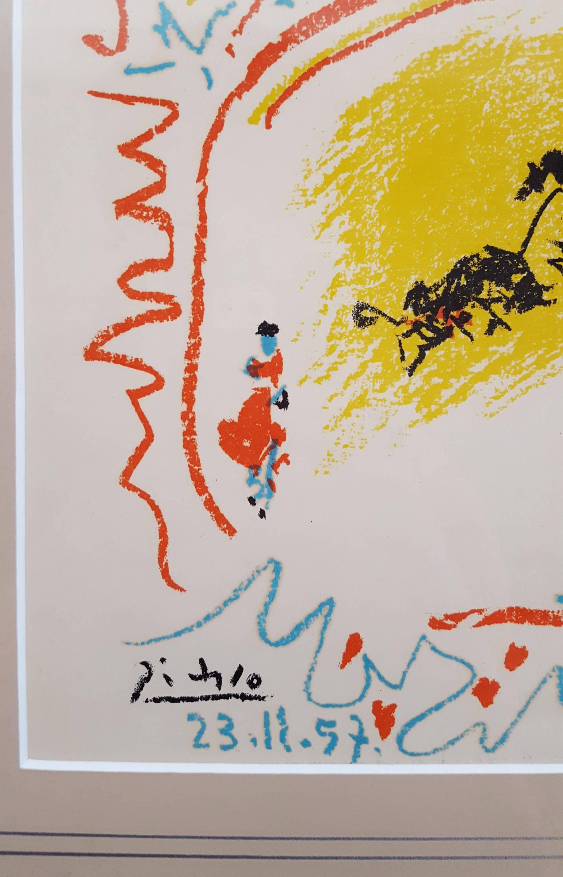 An original lithograph on wove paper by Spanish artist Pablo Picasso (1881-1973) titled "La Petite Corrida", 1971. Unsigned as issued. Comes from the XXe Siecle No. 10 Portfolio. (Second edition). Printed by Mourlot in 1971, Paris, France.
