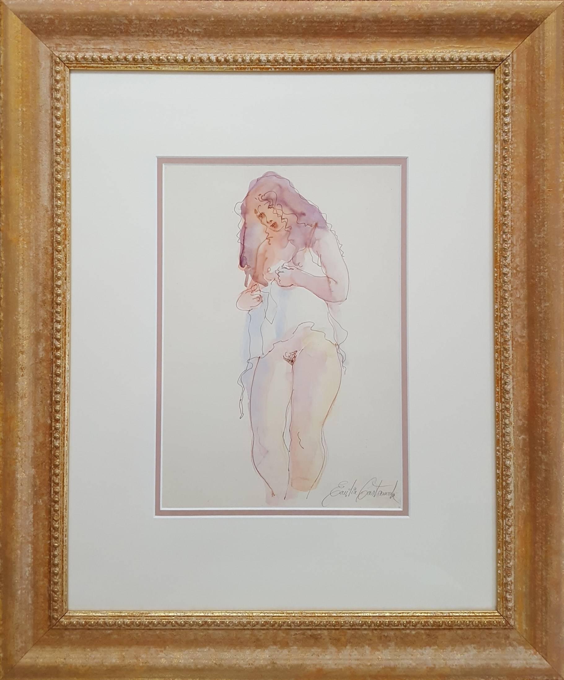 Nu en négligé /// Femme artiste contemporaine Aquarelle Figurative Nude Lady - Contemporain Art par Emilia Castaneda