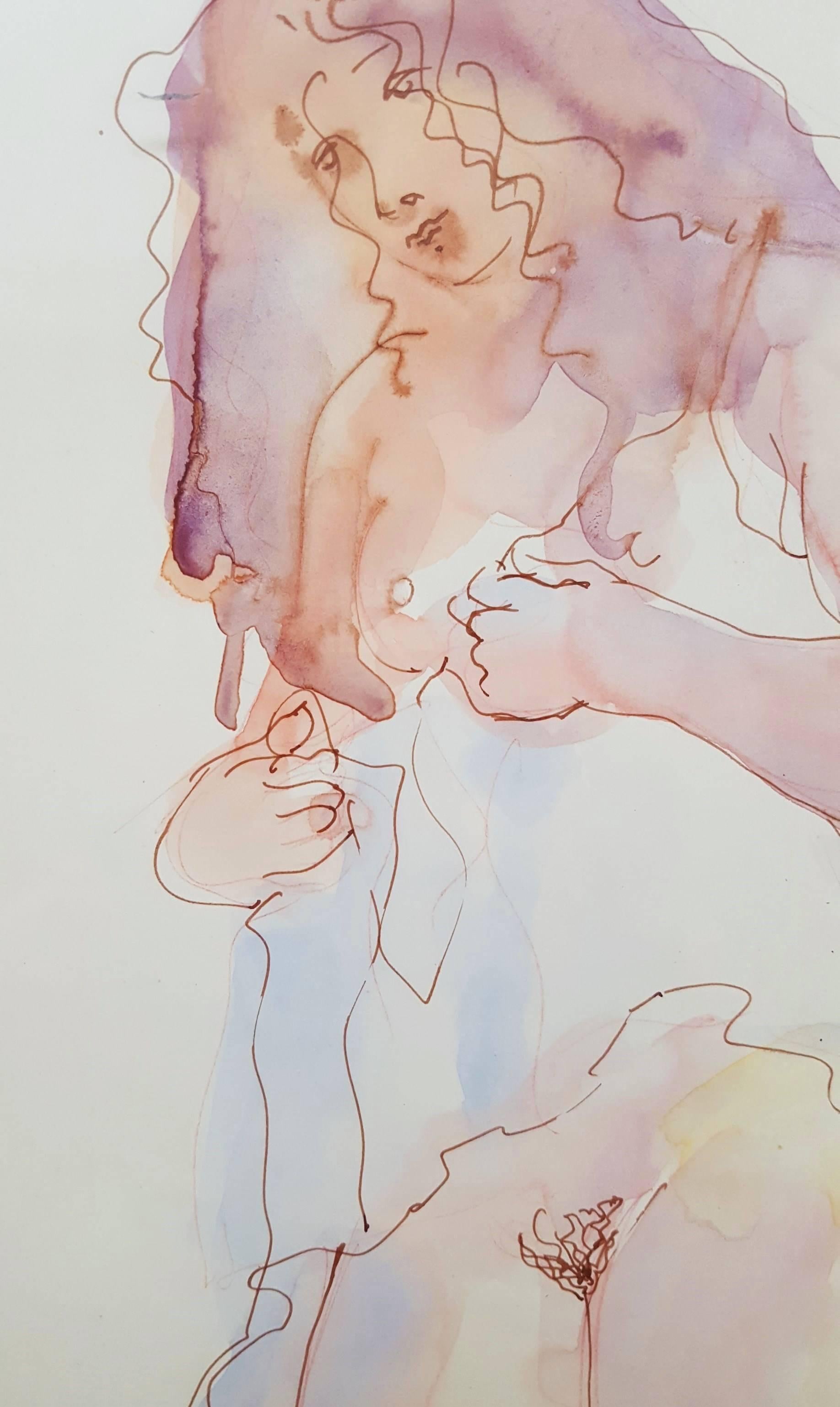 Nude in Negligee /// Contemporary Female Artist Watercolor Figurative Nude Lady For Sale 4
