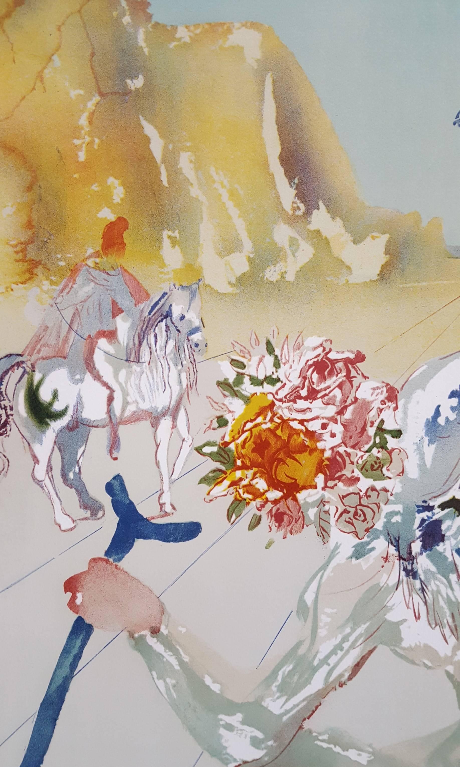 Original signierte Fotolithographie des spanischen Künstlers Salvador Dali (1904-1989) aus einer Original-Gouache auf Arches-Papier mit dem Titel „Helen of Troy (Engel mit Wand)“:: 1977. Er stammt aus dem Portfolio von 1977: „Hommage a Homere“. Die